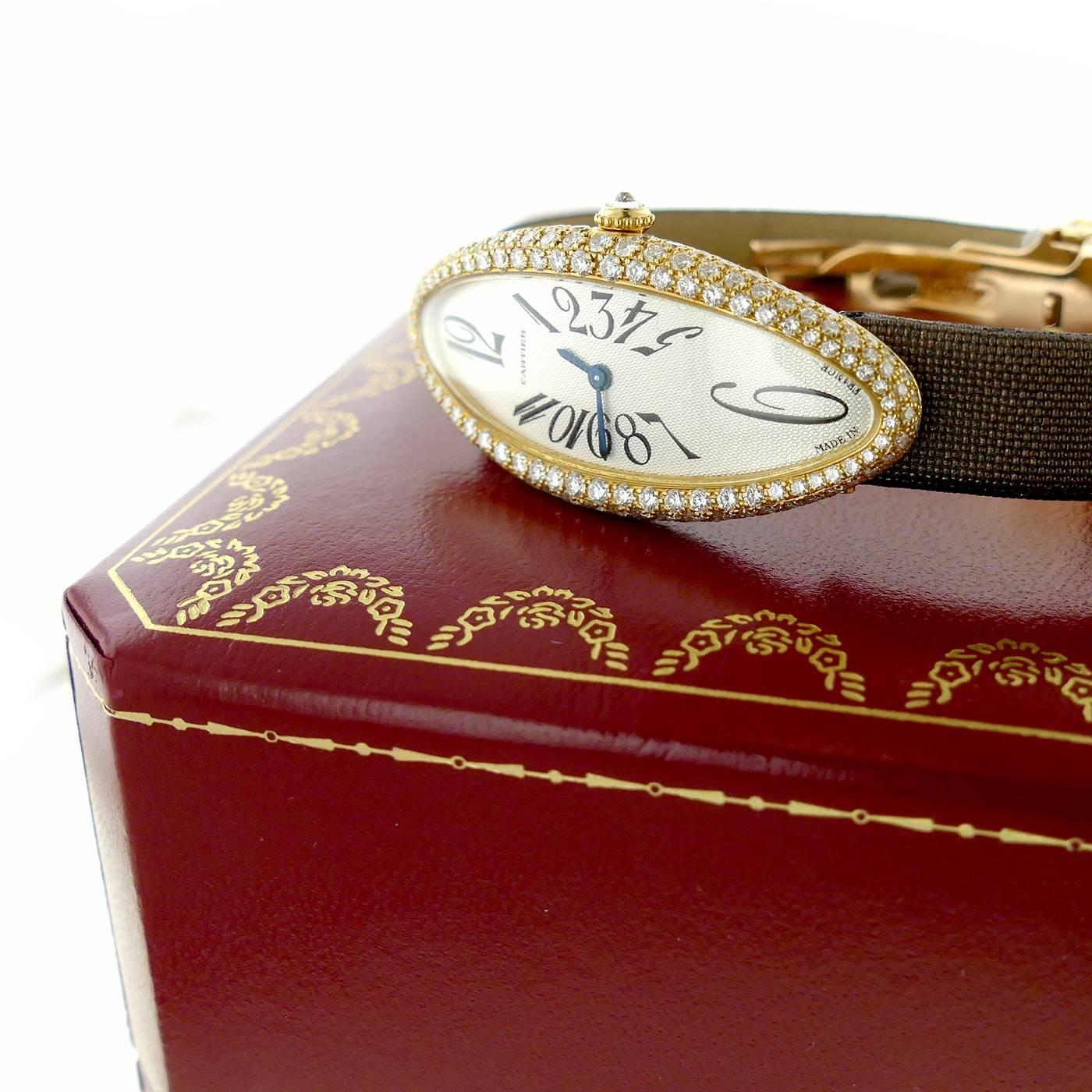 Women's Cartier Ladies Yellow Gold Diamond Baignoire Allongee Mechanical Wristwatch