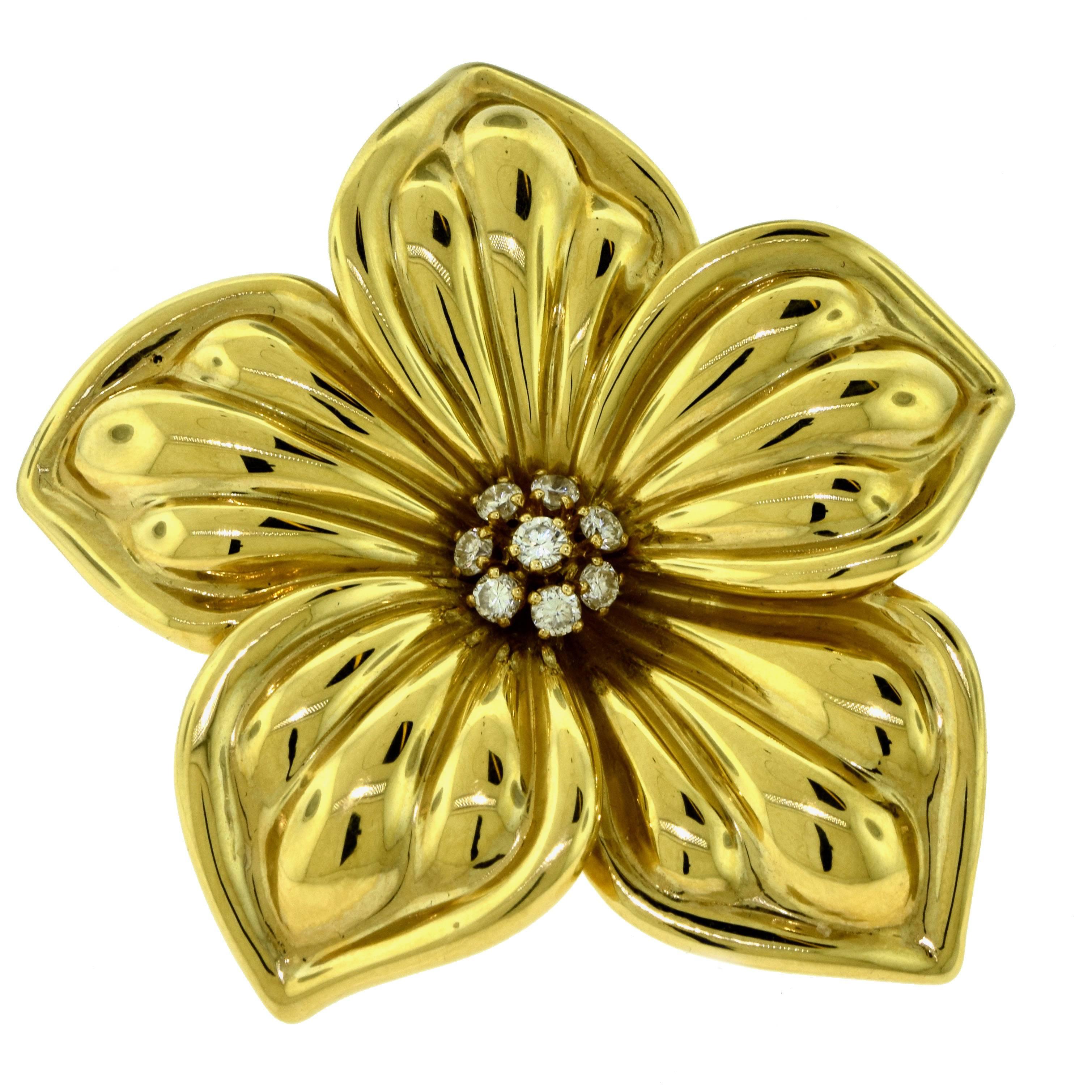 Van Cleef & Arpels Large Yellow Gold Magnolia Brooch with Diamonds For Sale
