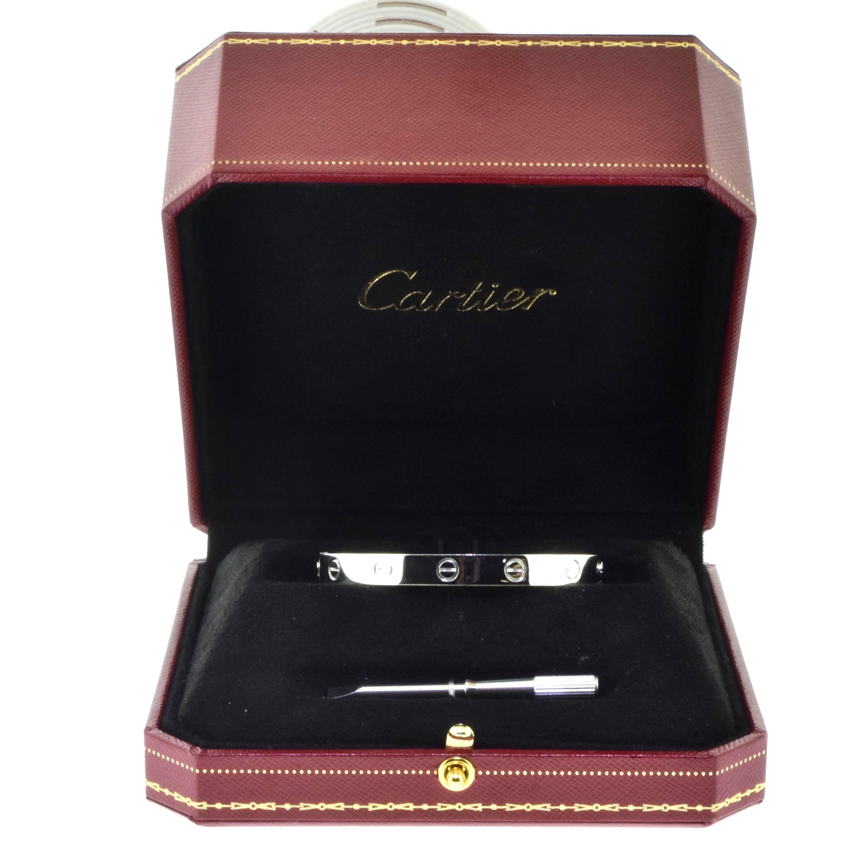 Designer: Cartier
Collection: LOVE
Metal: White Gold
Metal Purity: 18k
Bracelet Size: 16 = 16 cm
Total Item Weight (g): 31.0
Hallmark: 17 Cartier 1993 750 Serial No.
Collateral: Box

Cartier Retail: $6,750.00