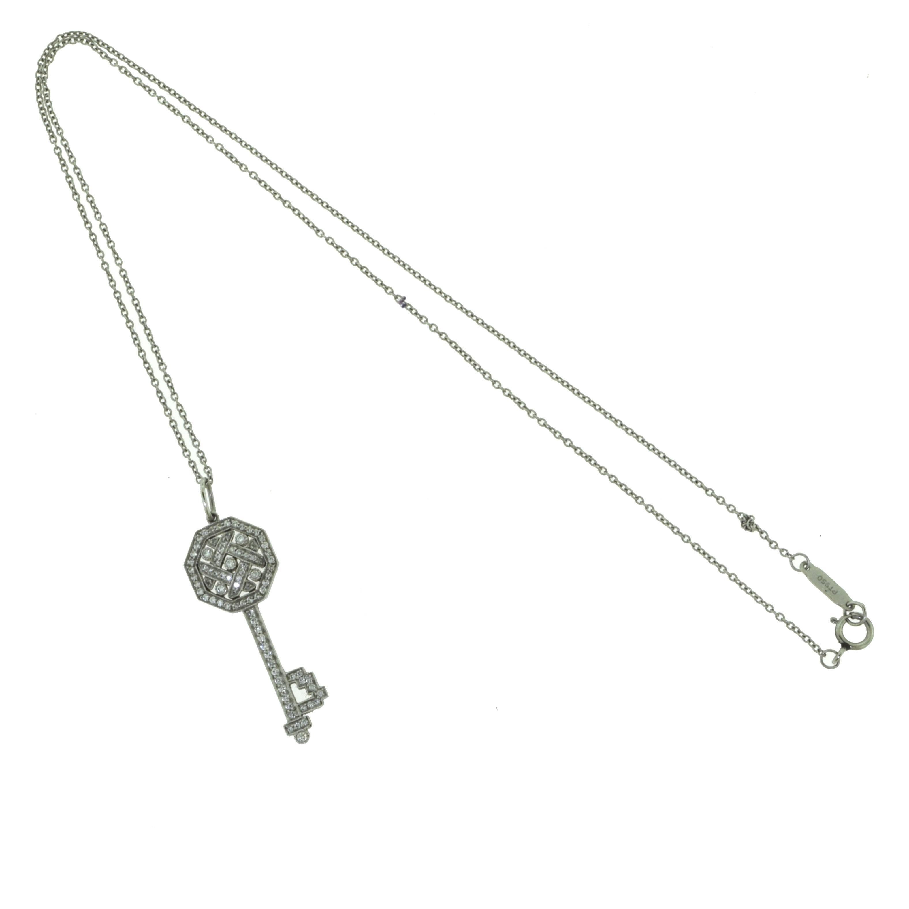 Designer: Tiffany & Co.
Collection: Tiffany Keys
Metal: Platinum
Stones: Round Brilliant Diamonds
Total Item Weight (g): 6.3
Chain Length: 18 inches
Key Dimensions: 1.25 inches (length) x 0.5 inches (width)
Hallmarks: Tiffany & Co. PT 950
Estimated