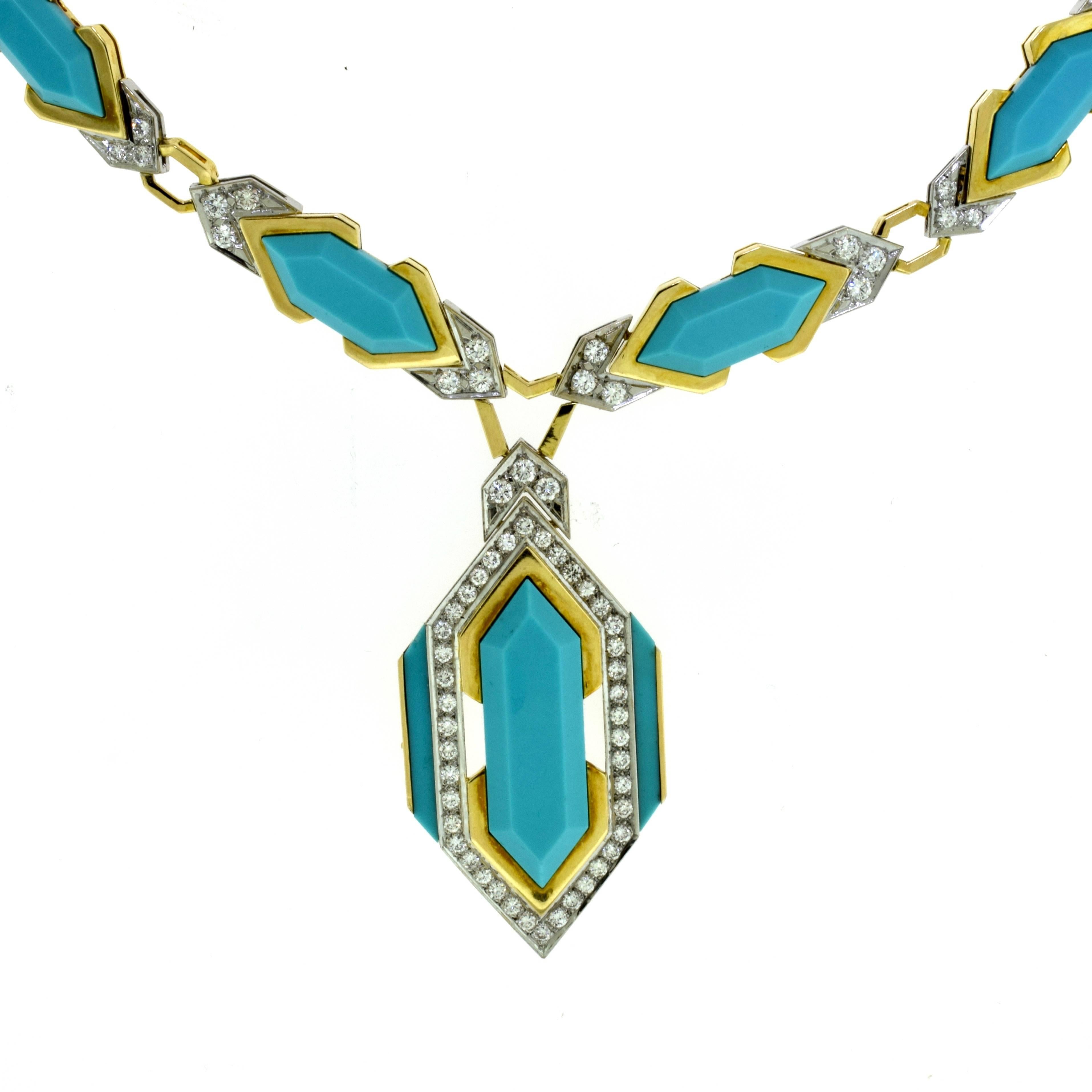 Metal: 18 Karat Yellow Gold
Stones: Pressed Turquoise, Round Brilliant Cut Diamonds
Total Diamond Carat Weight: 11 ct
Color Grade: F - G
Clarity Grade: VVS - VS
 
Necklace:
Necklace Length: approx. 18 inches
Pendant Dimensions: 2.75 x 1.30