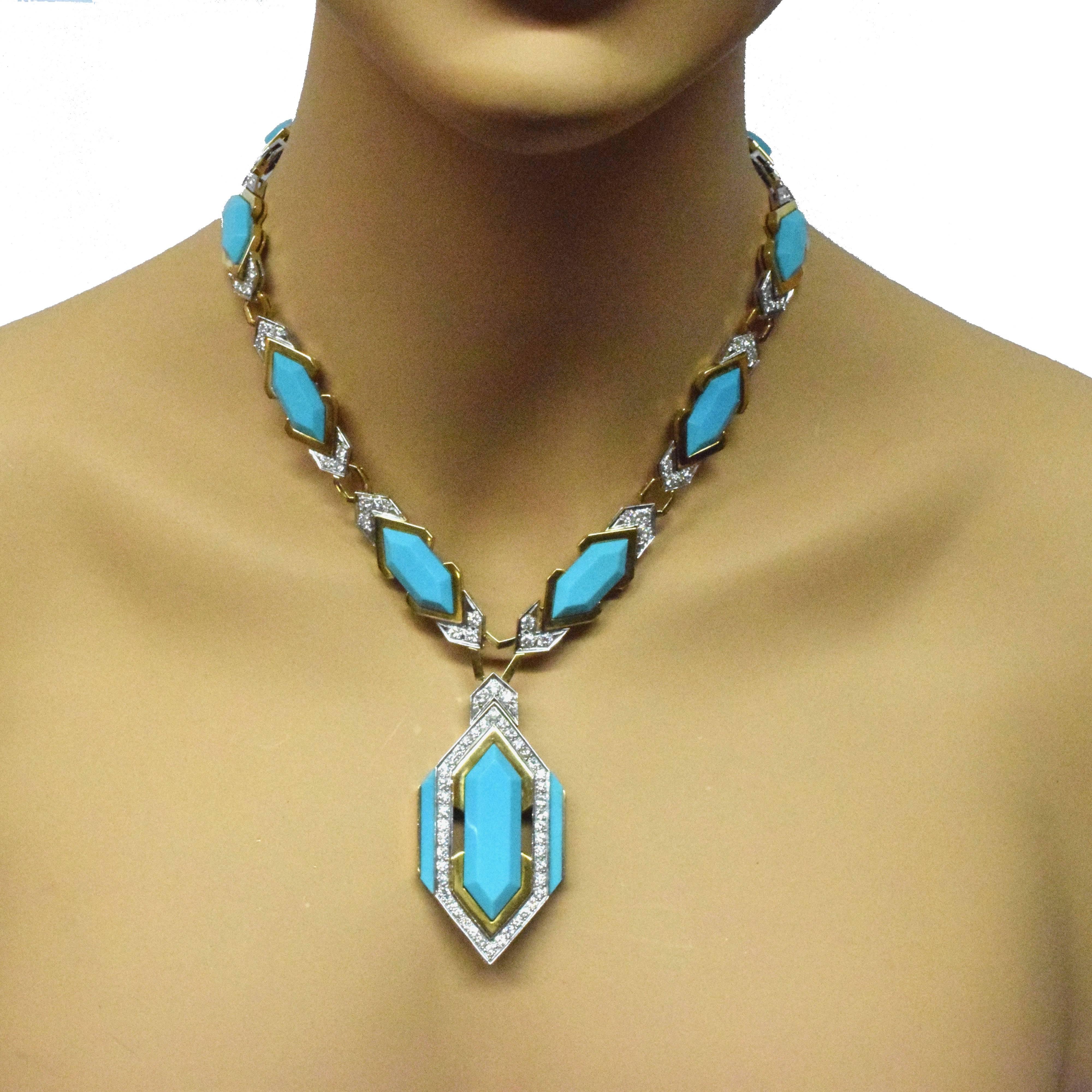 Boucheron Pressed Turquoise and Diamond Earrings and Necklace Two-Piece Set In Excellent Condition For Sale In Miami, FL