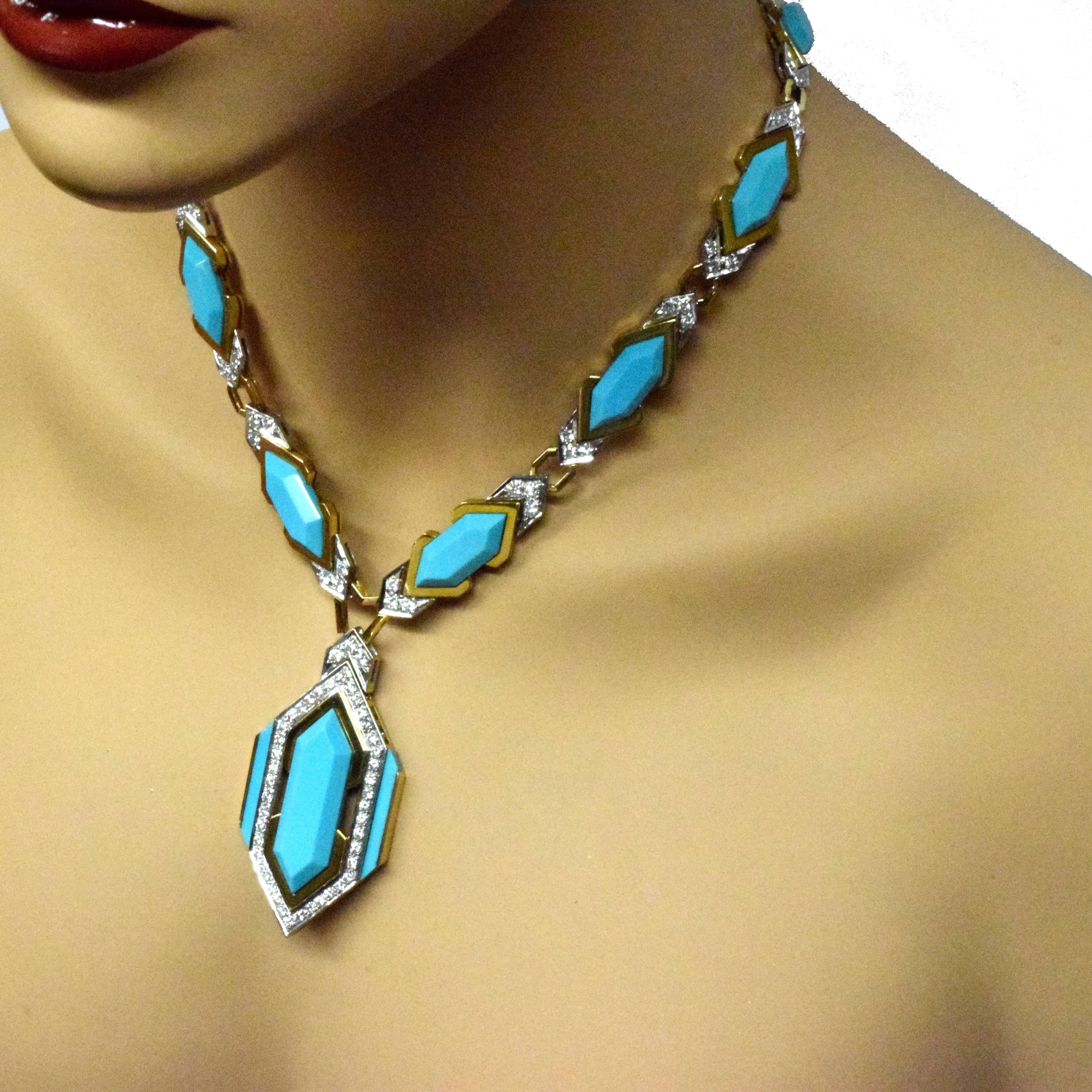 Women's or Men's Boucheron Pressed Turquoise and Diamond Earrings and Necklace Two-Piece Set For Sale