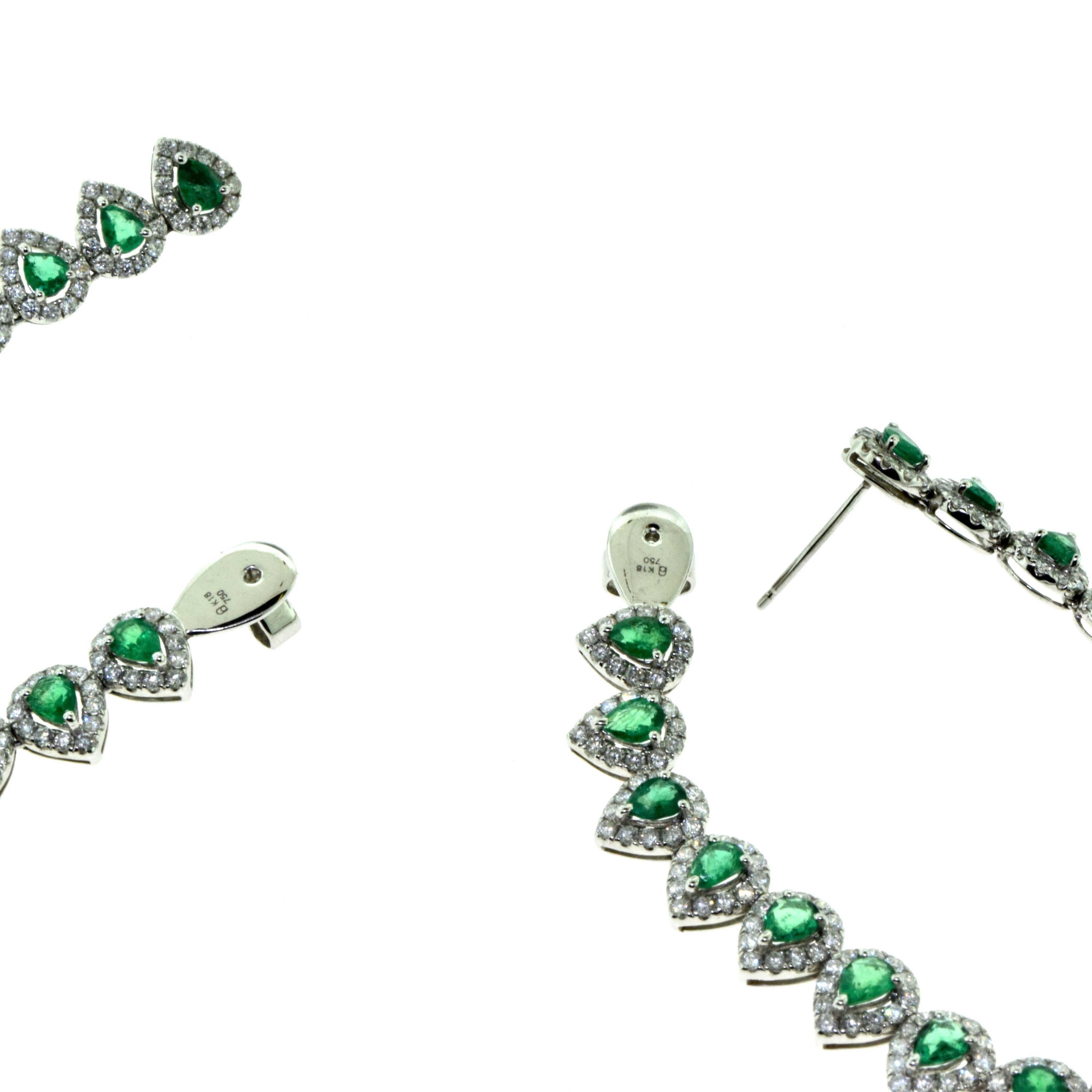 Women's or Men's Colombian Emerald and Diamond Flexible Spray Hoop Long Earrings, 4.22 Carat For Sale