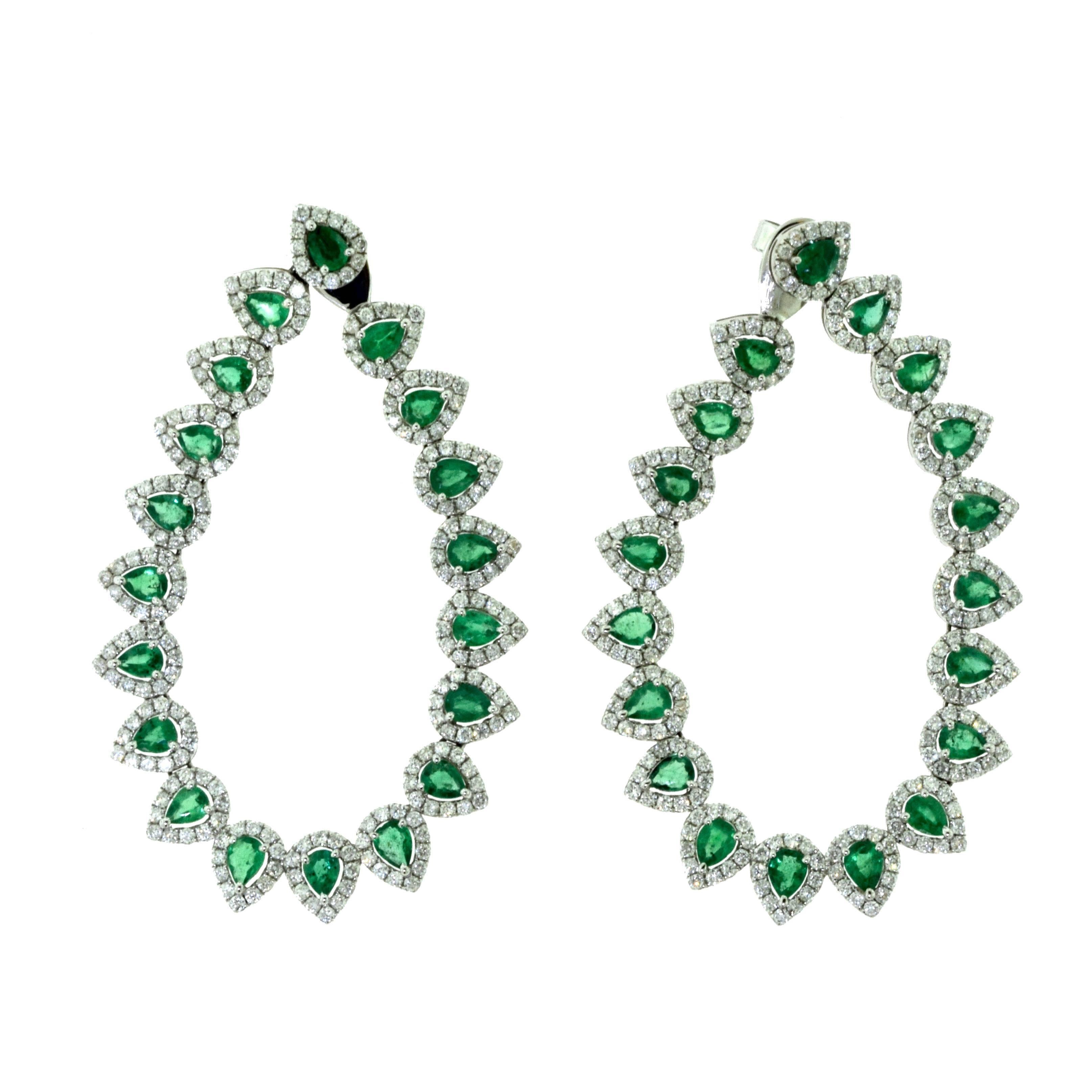 Colombian Emerald and Diamond Flexible Spray Hoop Long Earrings, 4.22 Carat For Sale