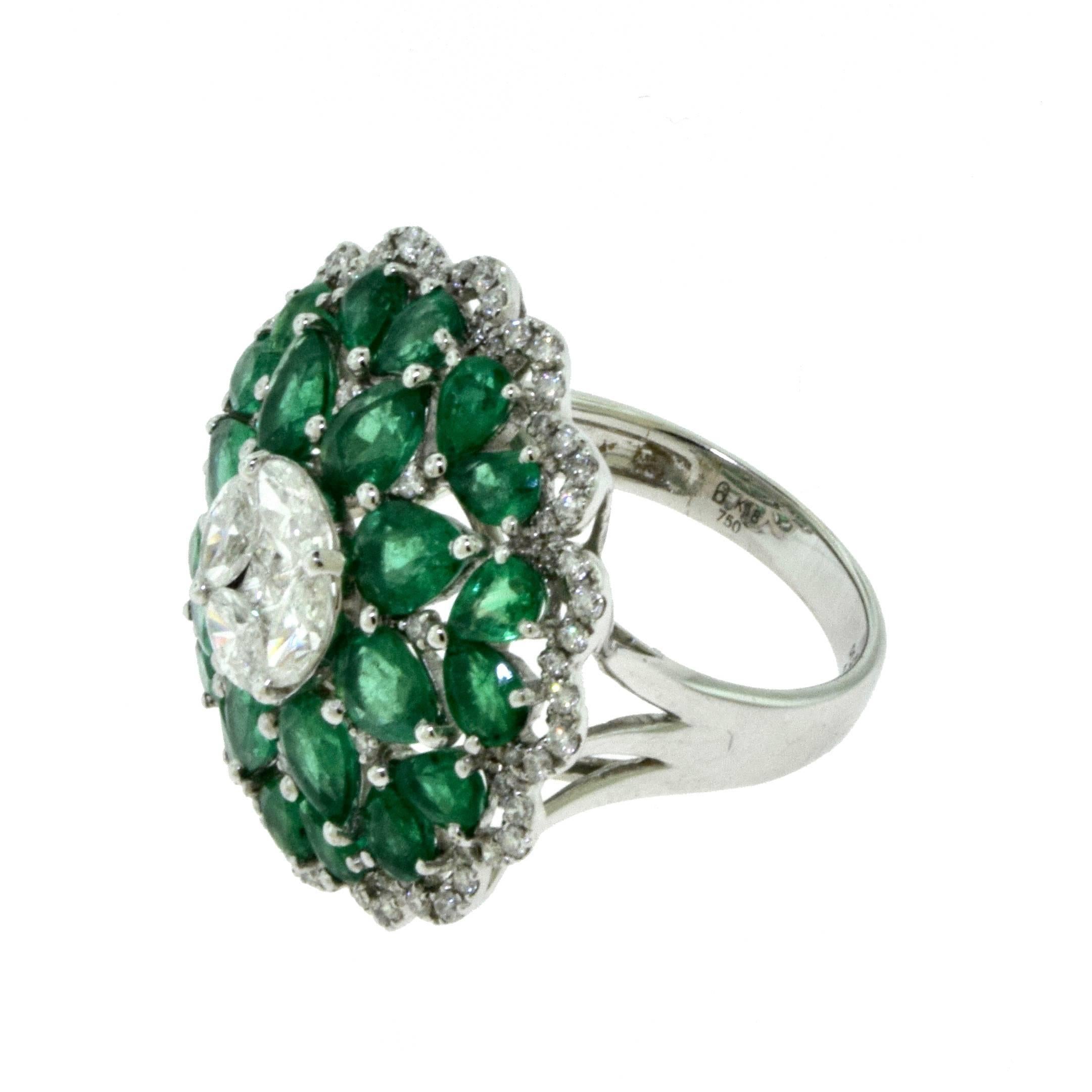 Emerald and Diamond Large Floral Cocktail Ring in 18 Karat White Gold In Excellent Condition For Sale In Miami, FL