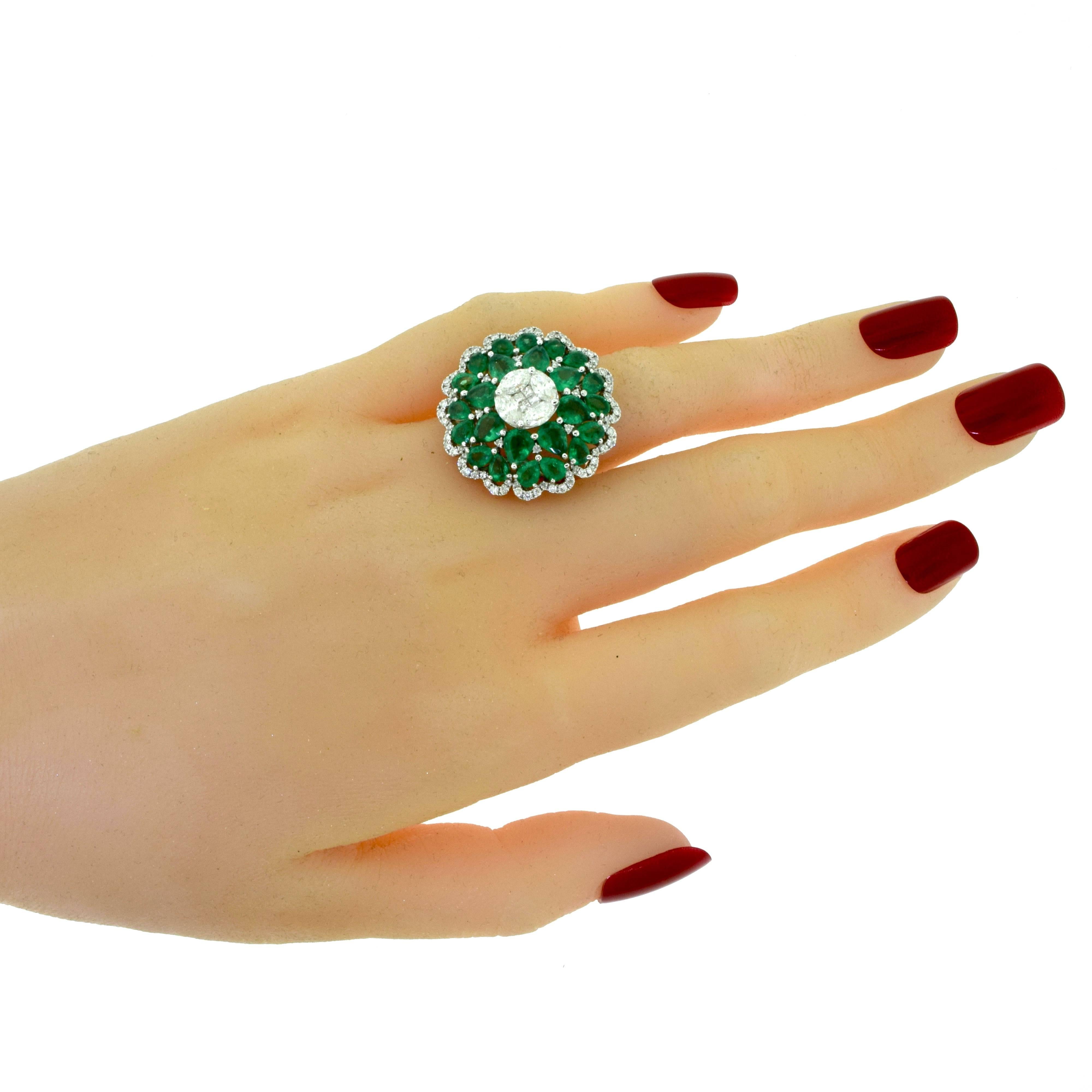 Women's or Men's Emerald and Diamond Large Floral Cocktail Ring in 18 Karat White Gold For Sale