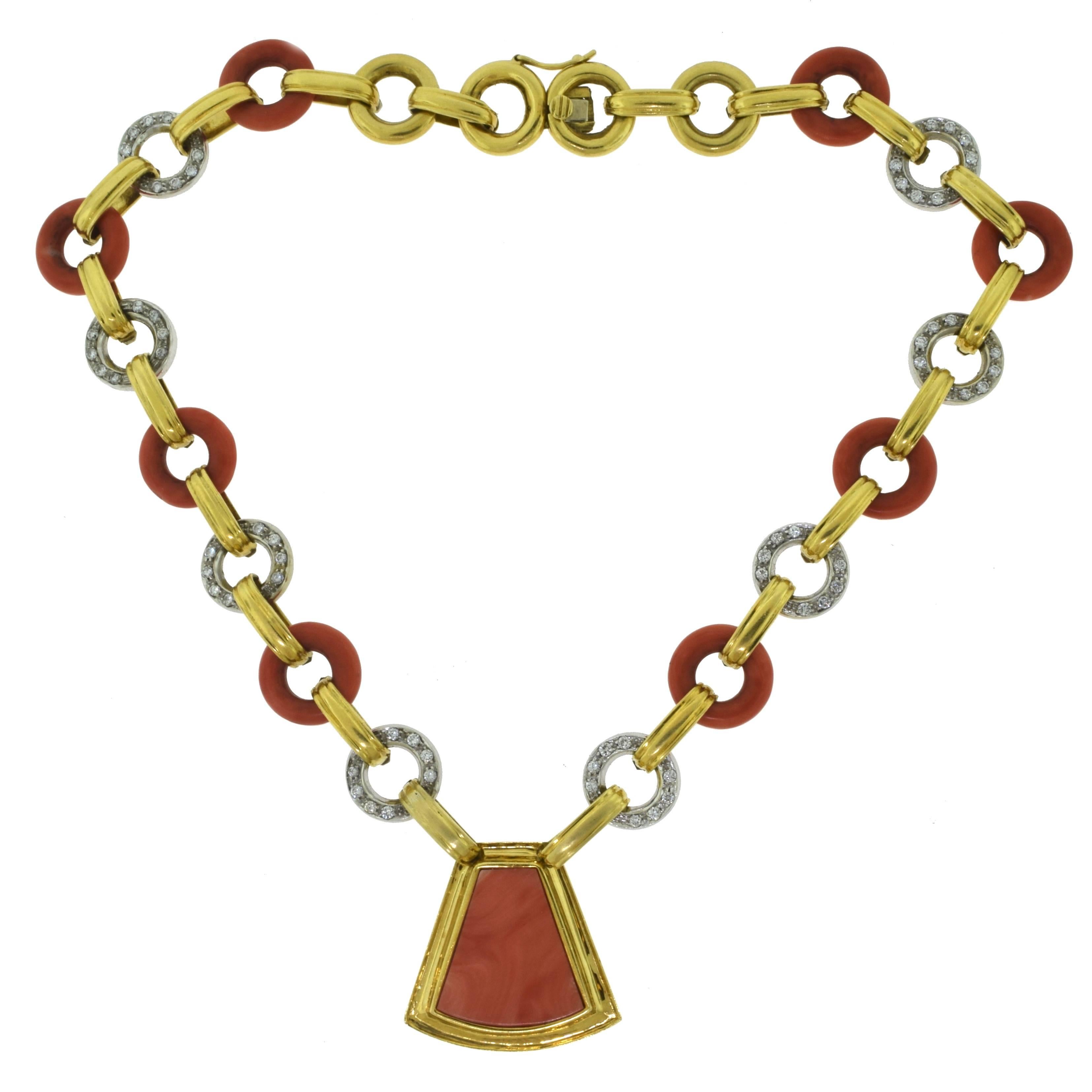 Vintage Natural Red Coral and Diamond Yellow Gold Necklace For Sale