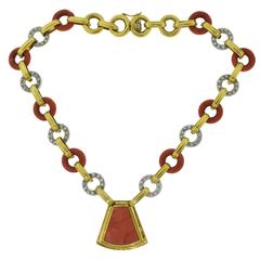 Vintage Natural Red Coral and Diamond Yellow Gold Necklace