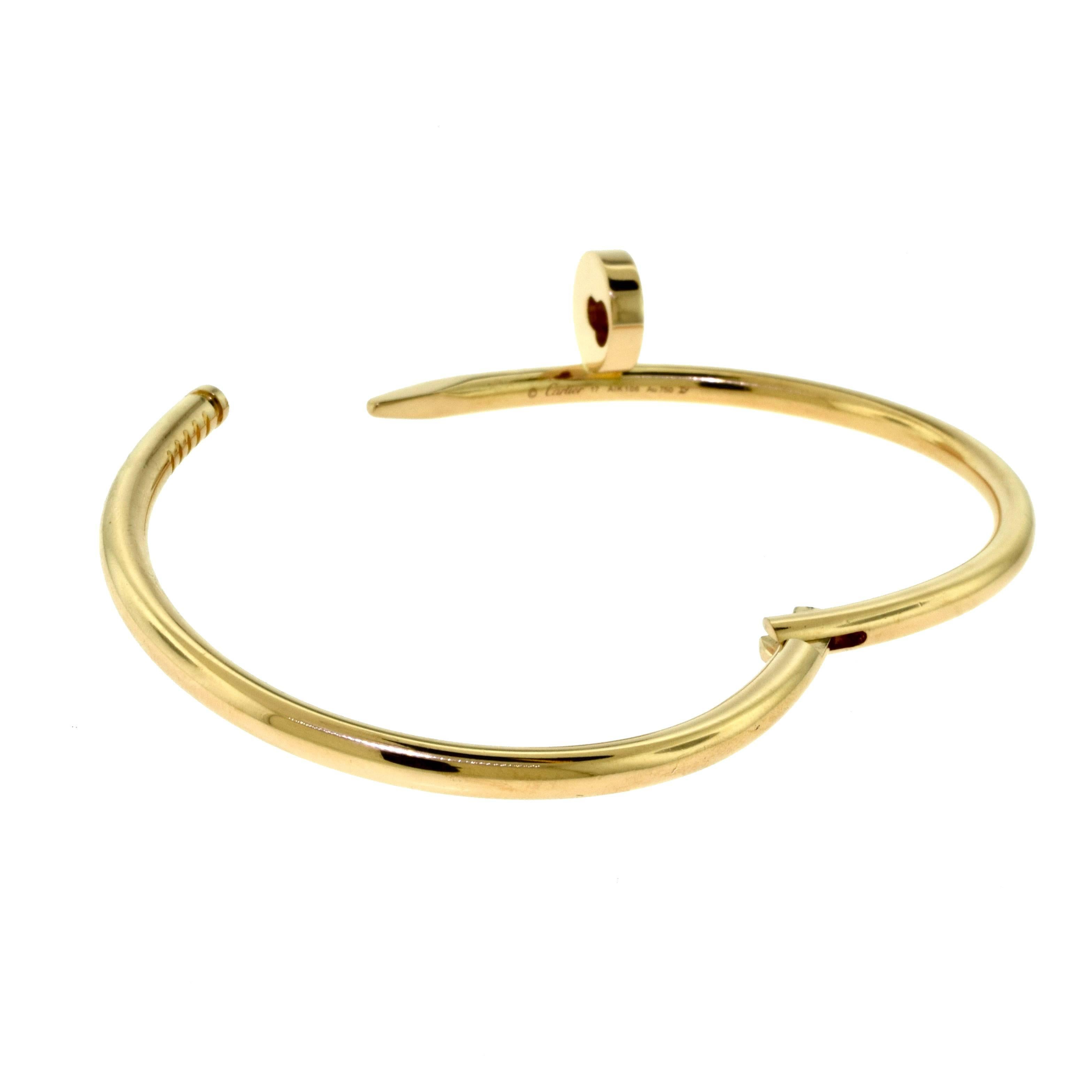 Designer: Cartier
Collection: Juste Un Clou
Bracelet Size: 17 = 17 cm
​​​​​​​   Small Model
Metal: Rose Gold
Metal Purity: 18k 
Total Item Weight (g): 33.3
Hallmark: Cartier 750 Serial No. 18
Collateral: Box​​​​​​​

ABOUT THE JUSTE UN CLOU NAIL