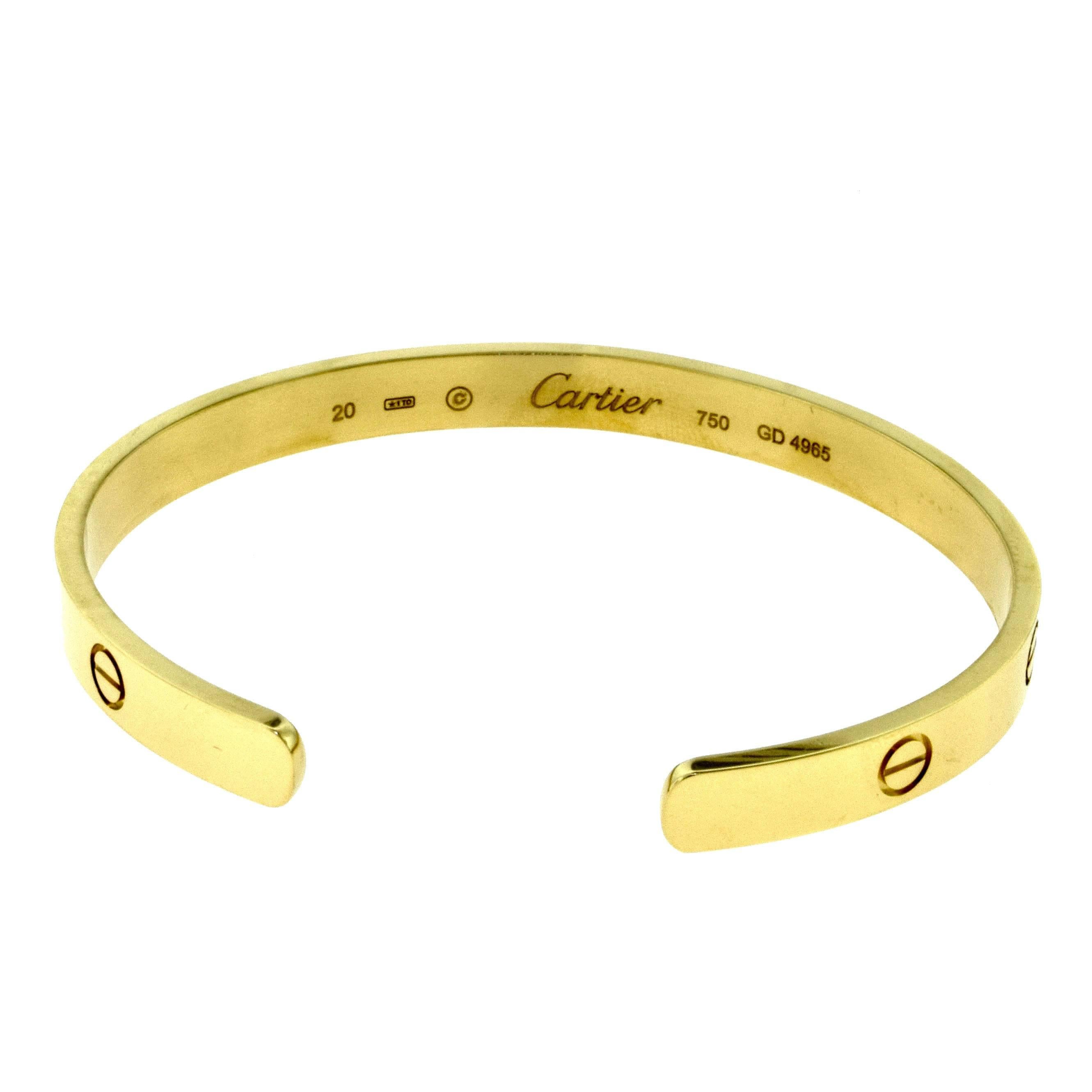 Women's or Men's Cartier Love Braceletcuff in 18 Karat Yellow Gold For Sale