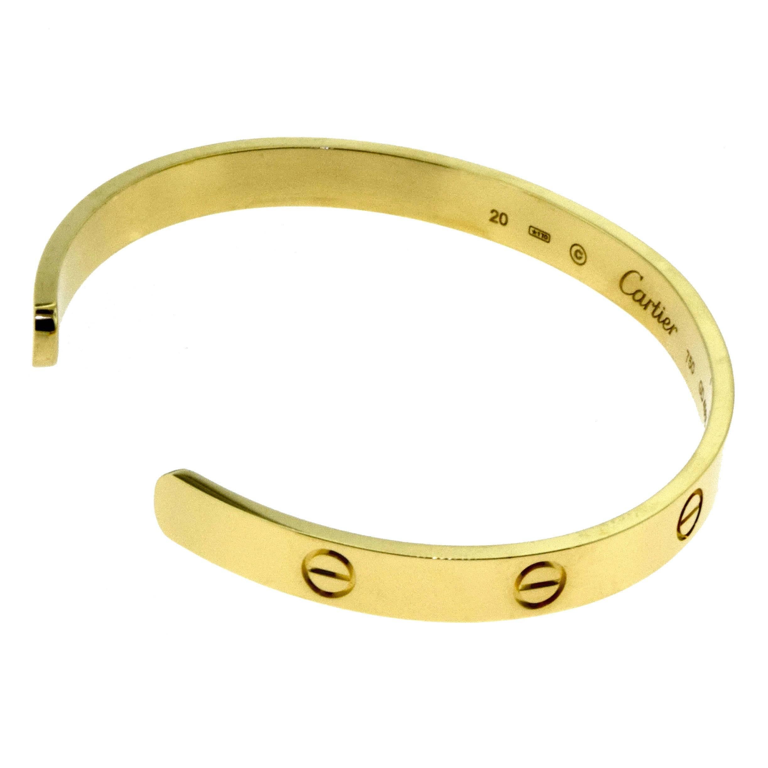 Cartier Love Braceletcuff in 18 Karat Yellow Gold In Excellent Condition For Sale In Miami, FL