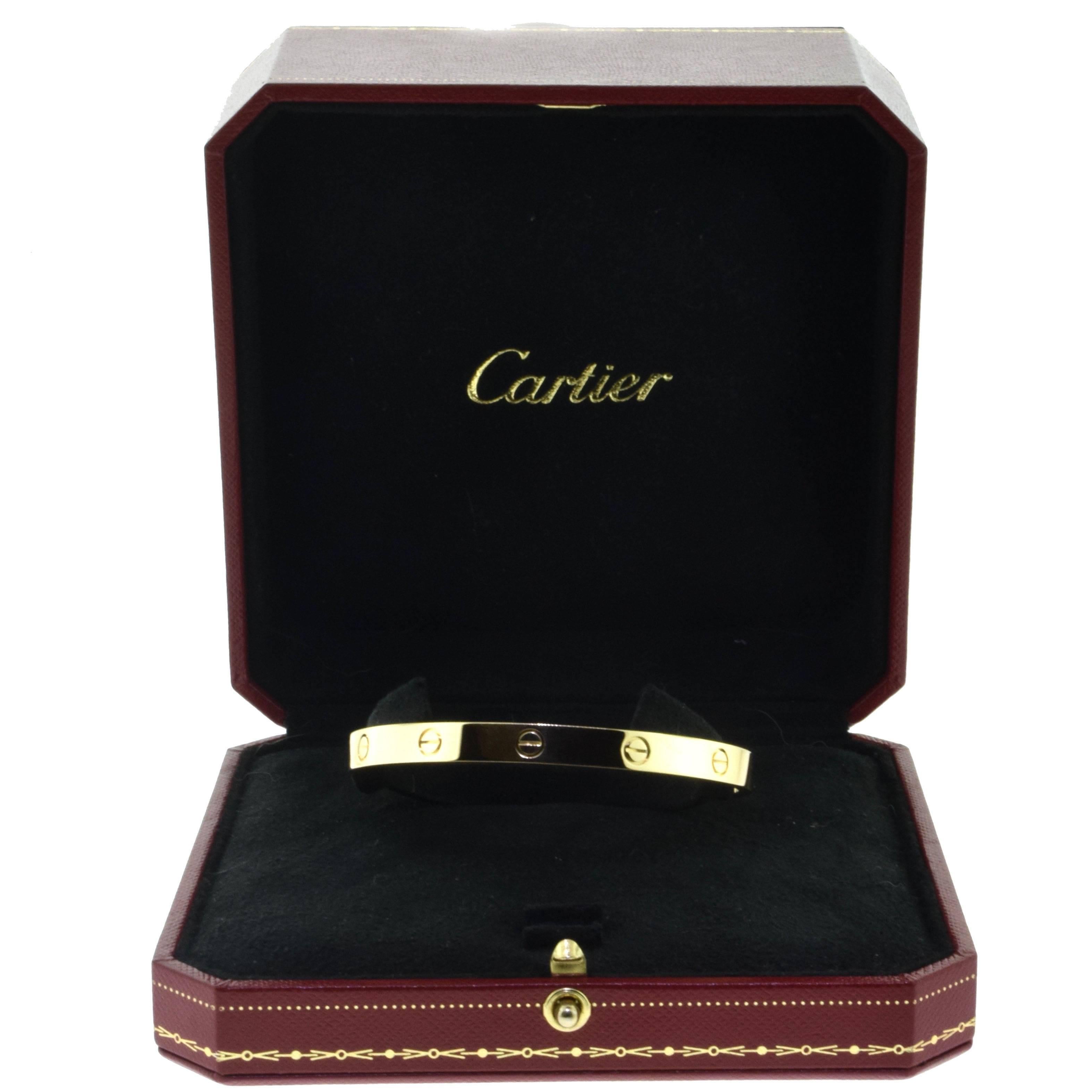 Designer: Cartier
Collection: LOVE
Type: Cuff
Bracelet Size: 20 = 20 cm
Metal: Yellow Gold
Metal Purity: 18k 
Total Item Weight (g): 29.3
Hallmark: 20 Cartier 750 Serial No.
Collateral: Box
