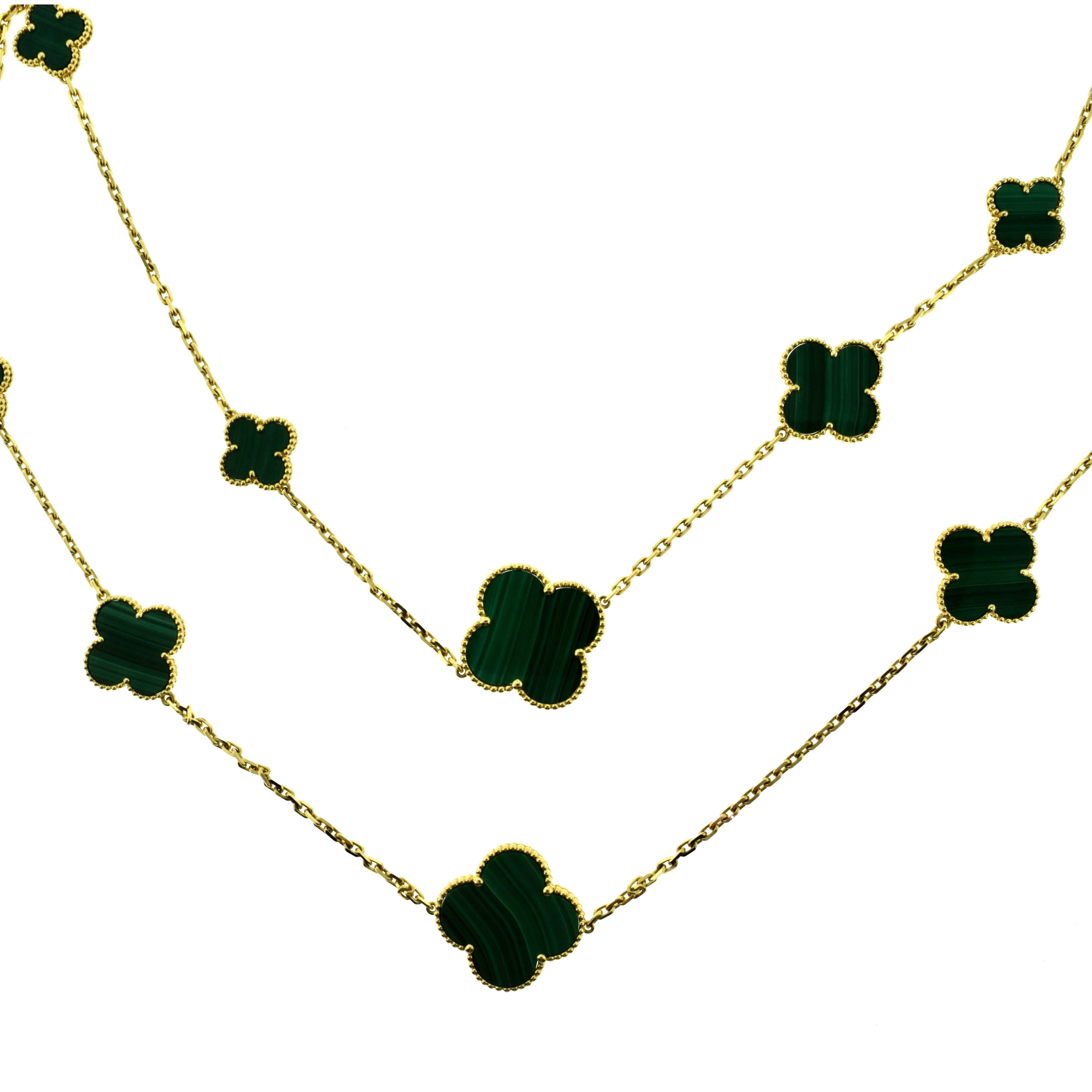 Van Cleef & Arpels Magic Alhambra Malachite 16 Motif Long Necklace In Excellent Condition For Sale In Miami, FL