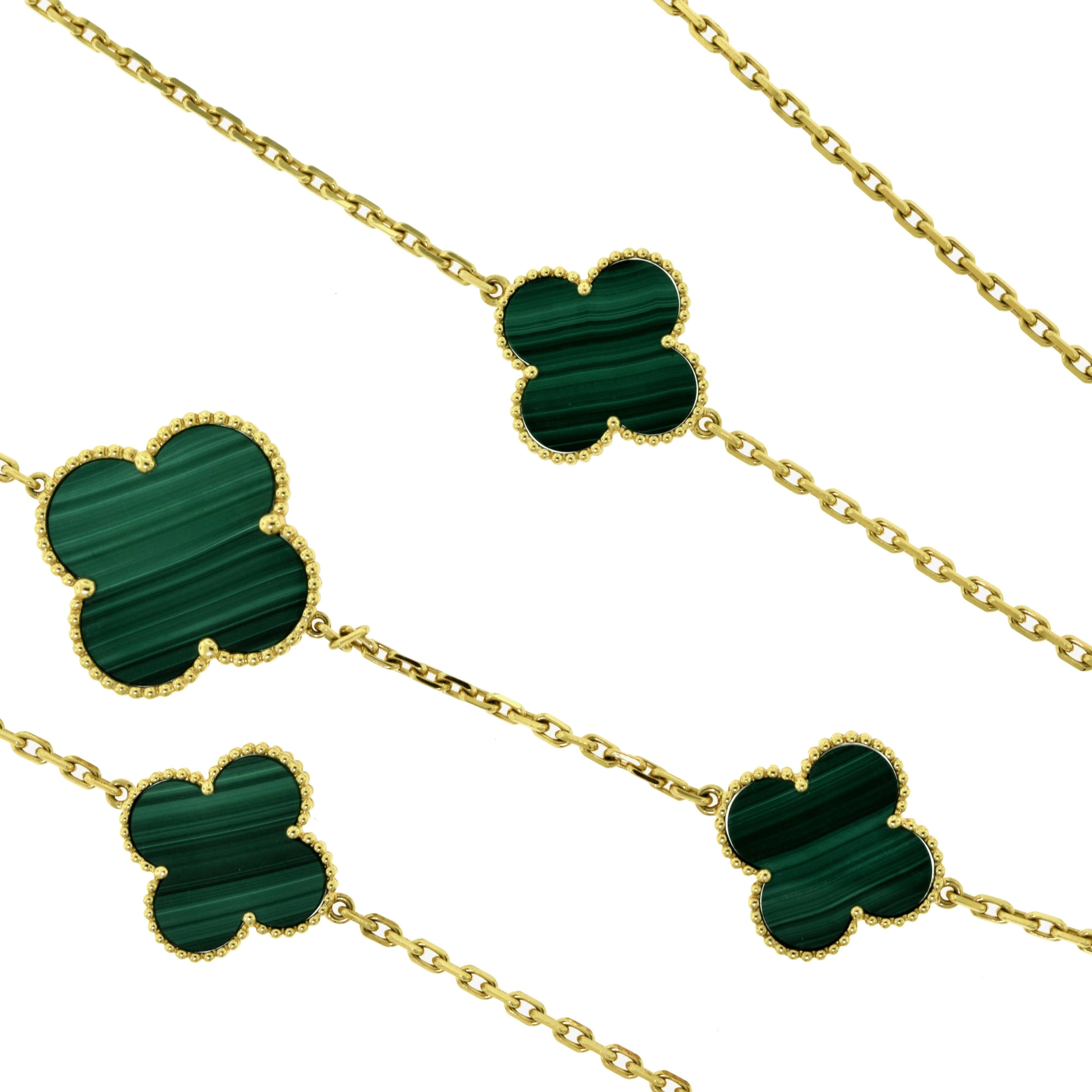 From Van Cleef & Arpel's Magic Alhambra Collection is this absolutely gorgeous long Malachite Necklace
Stones: Malachite
Total Item Weight (g): 70.5
Length: 48.0 inches

Item Description:
Created in 2006 by Van Cleef & Arpels, the Magic Alhambra®