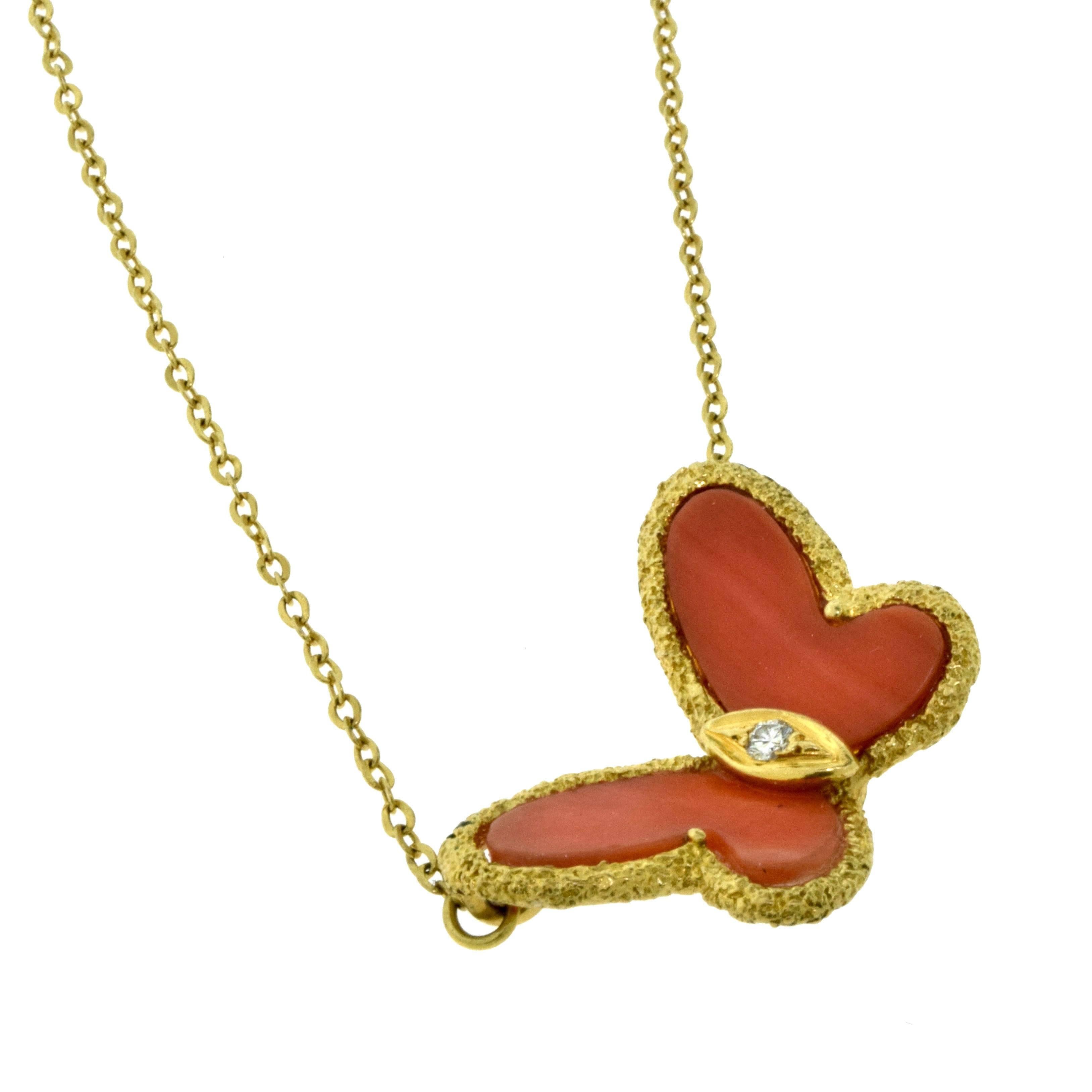 This is a magnificent Vintage Van Cleef & Arpels Butterfly Pendant Necklace with Genuine Red Coral and a stunning diamond stone in the center.
18 Karat Yellow Gold
4.5 grams
Necklace is 12.5 inches long
Butterfly Dimensions: 15.39 x 23.00 mm
