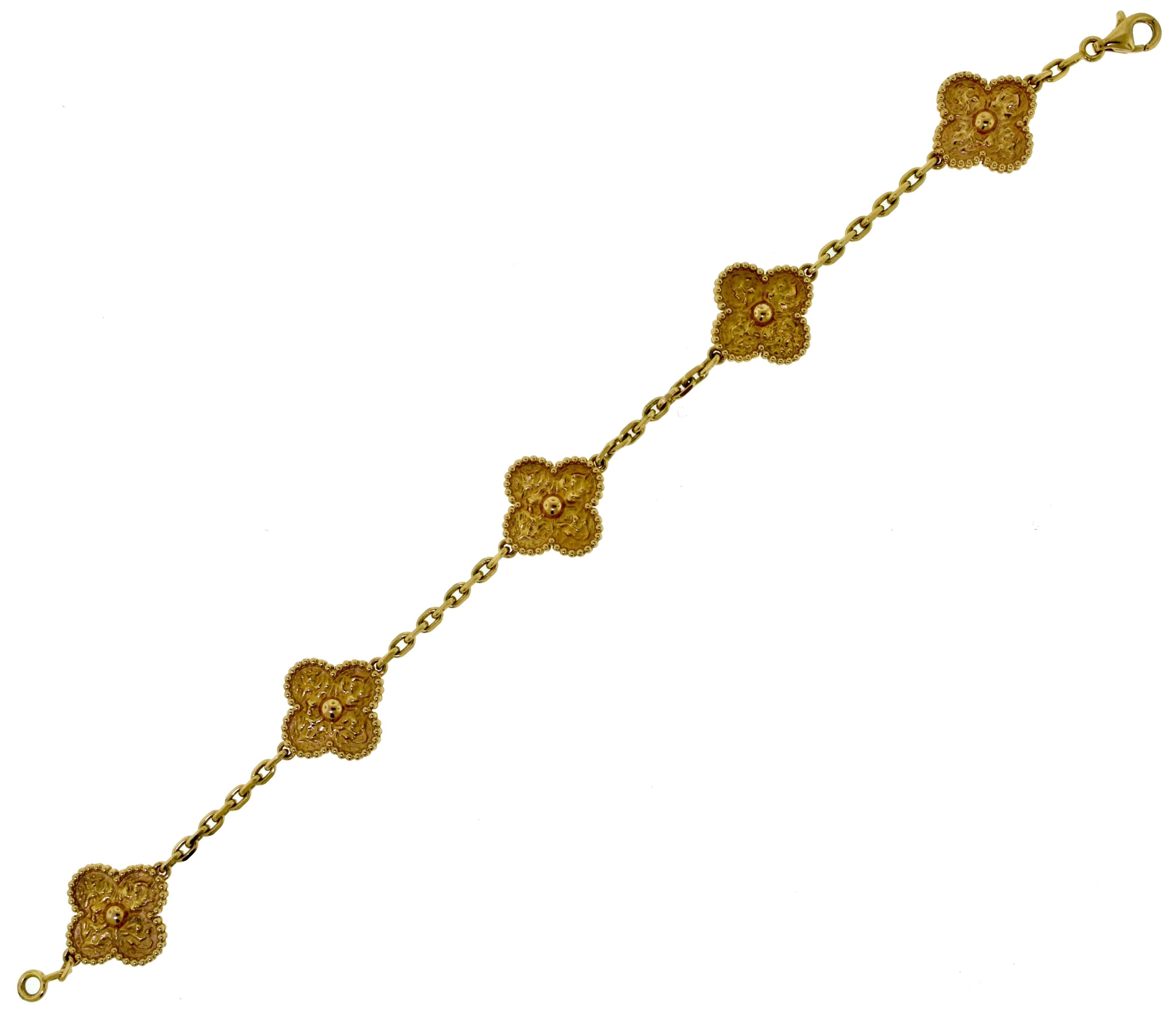 Type: 10 Motif Necklace
           5 Motif Bracelet
Designer: Van Cleef & Arpels
Collection: Vintage Alhambra
Metal: Rose Gold
Metal Purity: 18k ​​​​​​​
​​​​​​​Bracelet 
Total Item Weight (g): 14.4
Bracelet Length: 7.5 inches
Hallmark: VCA Au750