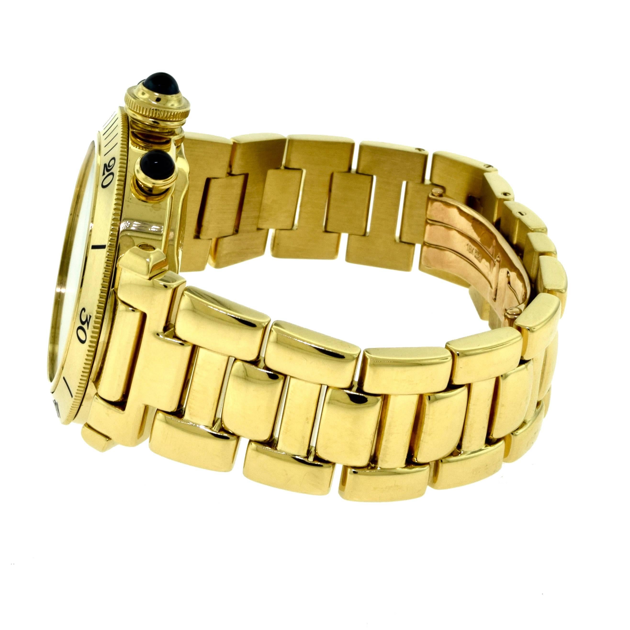 Brand: Cartier
Series: Pasha
Reference No.: 2111
Movement: Automatic
Caliber: 205
Case Material: 18k Yellow Gold
Case Diameter: 38 mm
Material Bezel: 18k Yellow Gold
Glass: Sapphire Glass
Dial: Silvered Guilloche
Bracelet Material: 18k Yellow Gold 