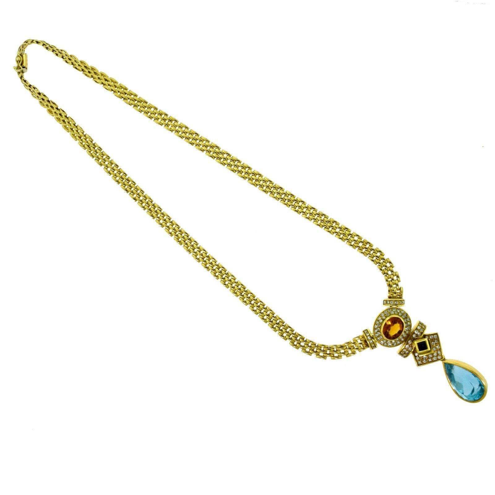 Women's or Men's Blue Topaz, Diamond, Citrine and Sapphire Earring and Necklace Two-Piece Set For Sale