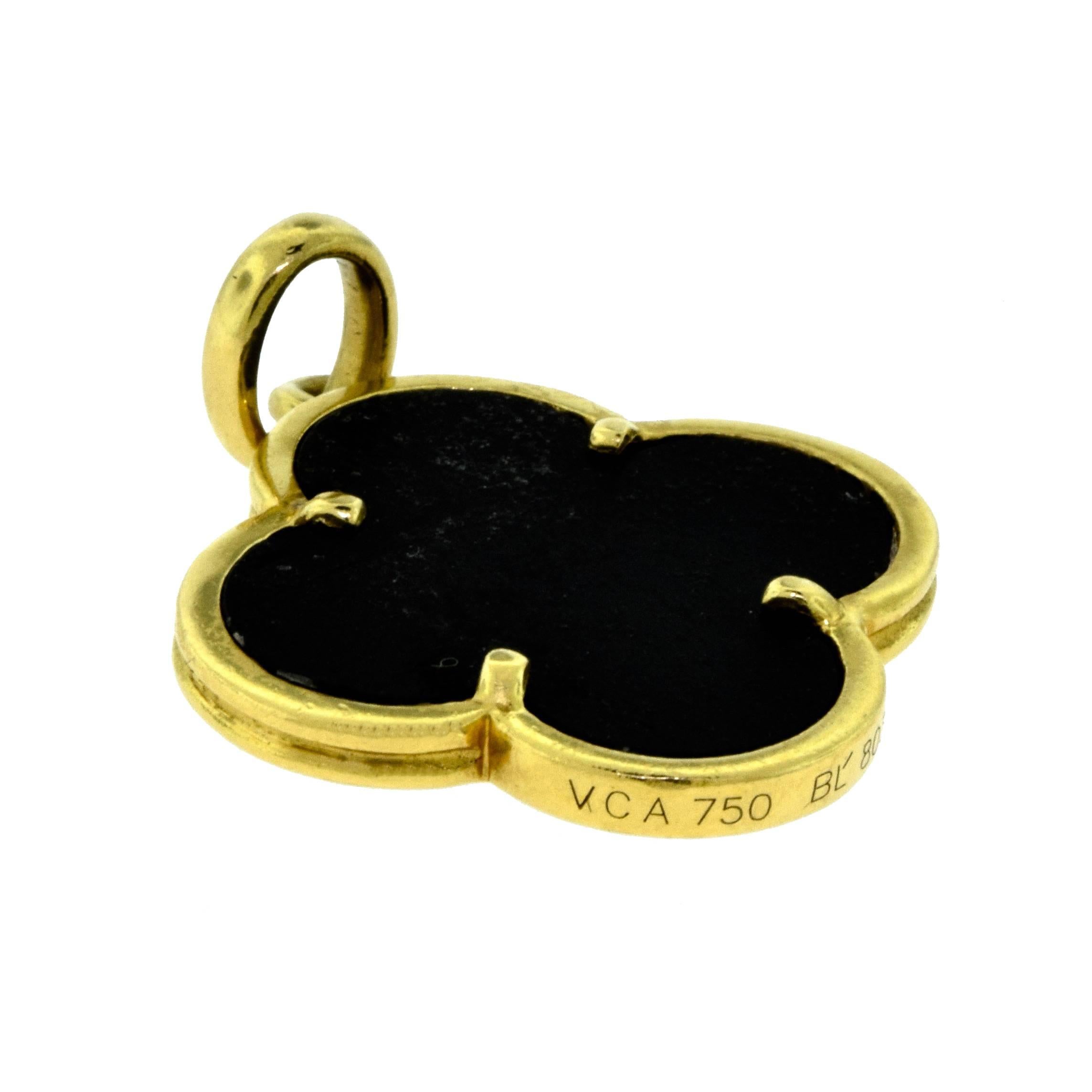 Designer: Van Cleef & Arpels
Collection: Magic Alhambra
Metal: Yellow Gold
Metal Purity: 18k
Stones: Black Onyx
Total Item Weight (g): 4.5
Dimensions: 20.05 x 22.72 mm
Thickness: 2.24 mm
Hallmark: VCA 750 Serial No.​​​​​​​

Created in 2006 by Van