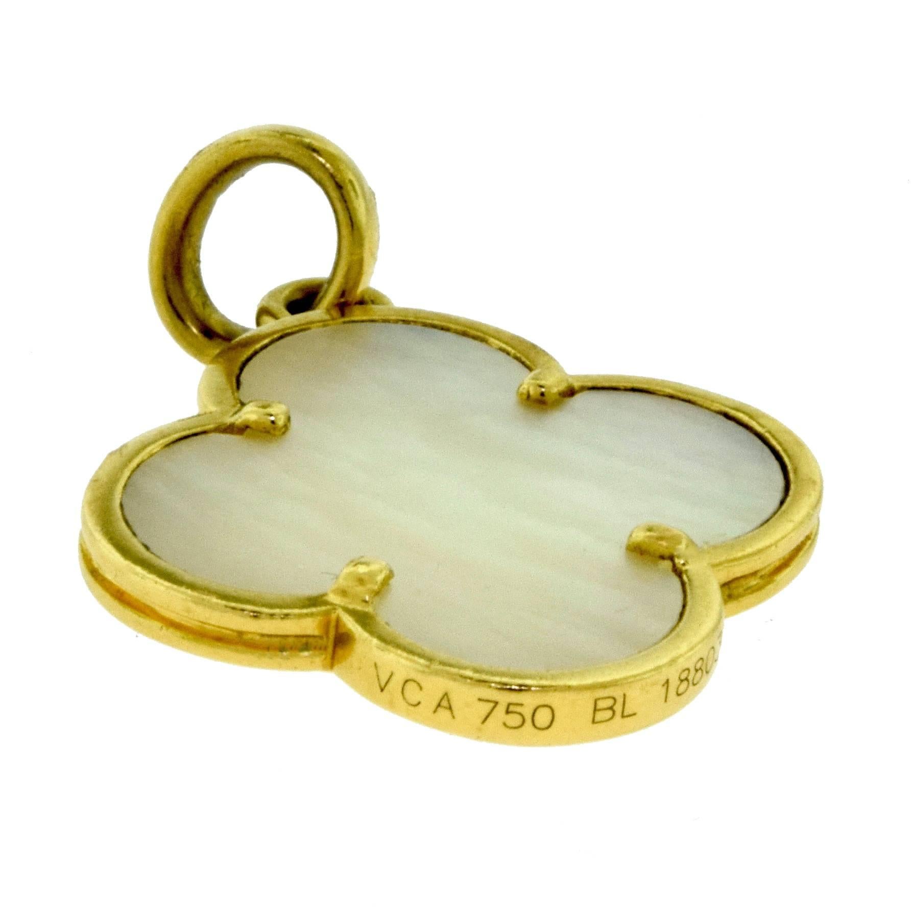 Designer: Van Cleef & Arpels
Collection: Magic Alhambra
Metal: Yellow Gold
Metal Purity: 18k
Stones: Mother of Pearl
Total Item Weight (g): 4.5
Dimensions: 19.23 x 22.45 mm
Thickness: 2.243 mm
Hallmark: VCA 750 Serial No.​​​​​​​

Created in 2006 by