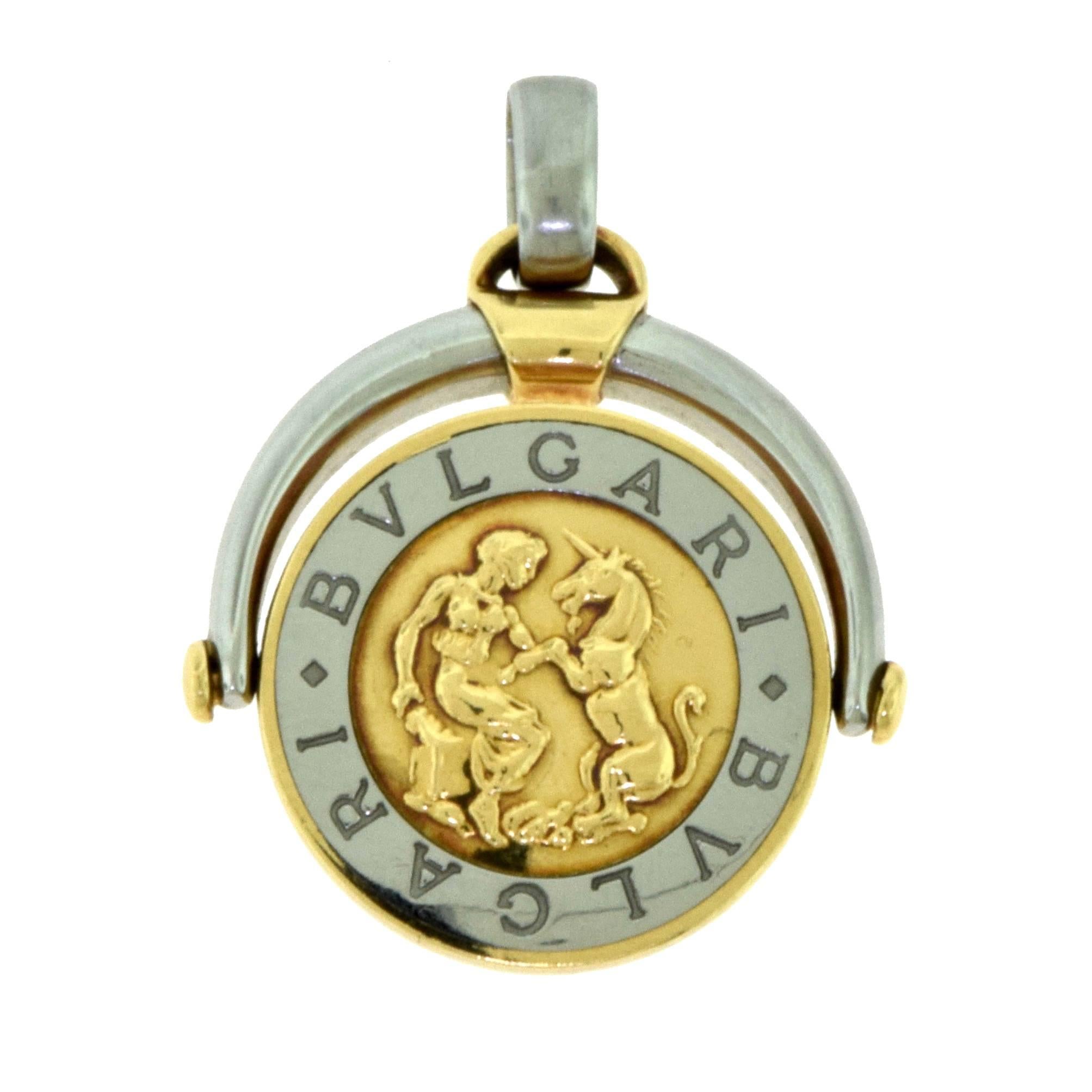 Bvlgari Rotating Gold and Steel Flip Zodiac Boy and Unicorn Aquarius Pendant For Sale