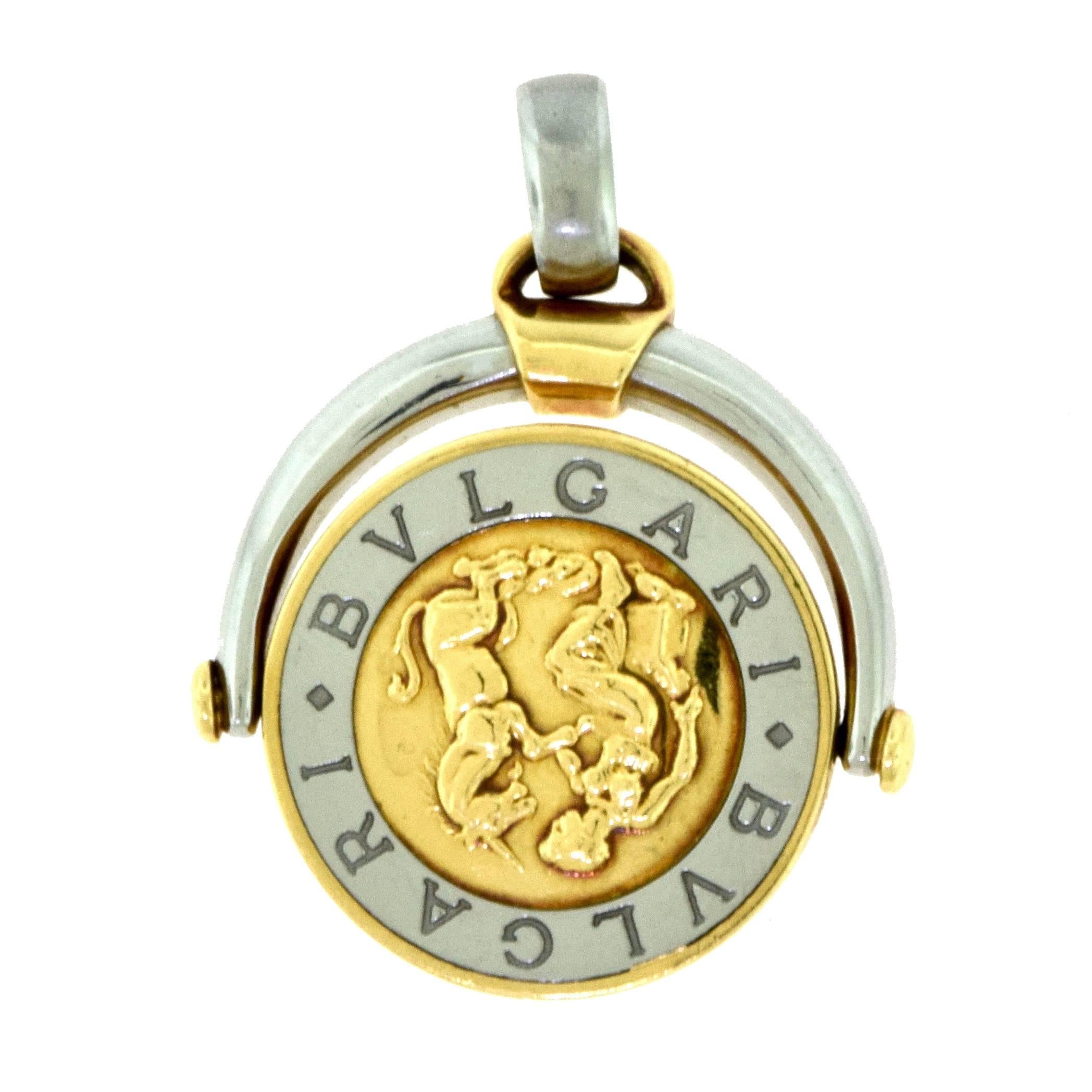 Designer: BVLGARI
Metal: Stainless Steel, 18k Yellow Gold
Total Item Weight (g): 13.6
Diameter: 22.09 mm
Thickness: 2.72 mm
Hallmark: 750 BVLGARI Gold and Steel Made in Italy

This magnificent BVLGARI pendant is crafted from solid 18k yellow gold