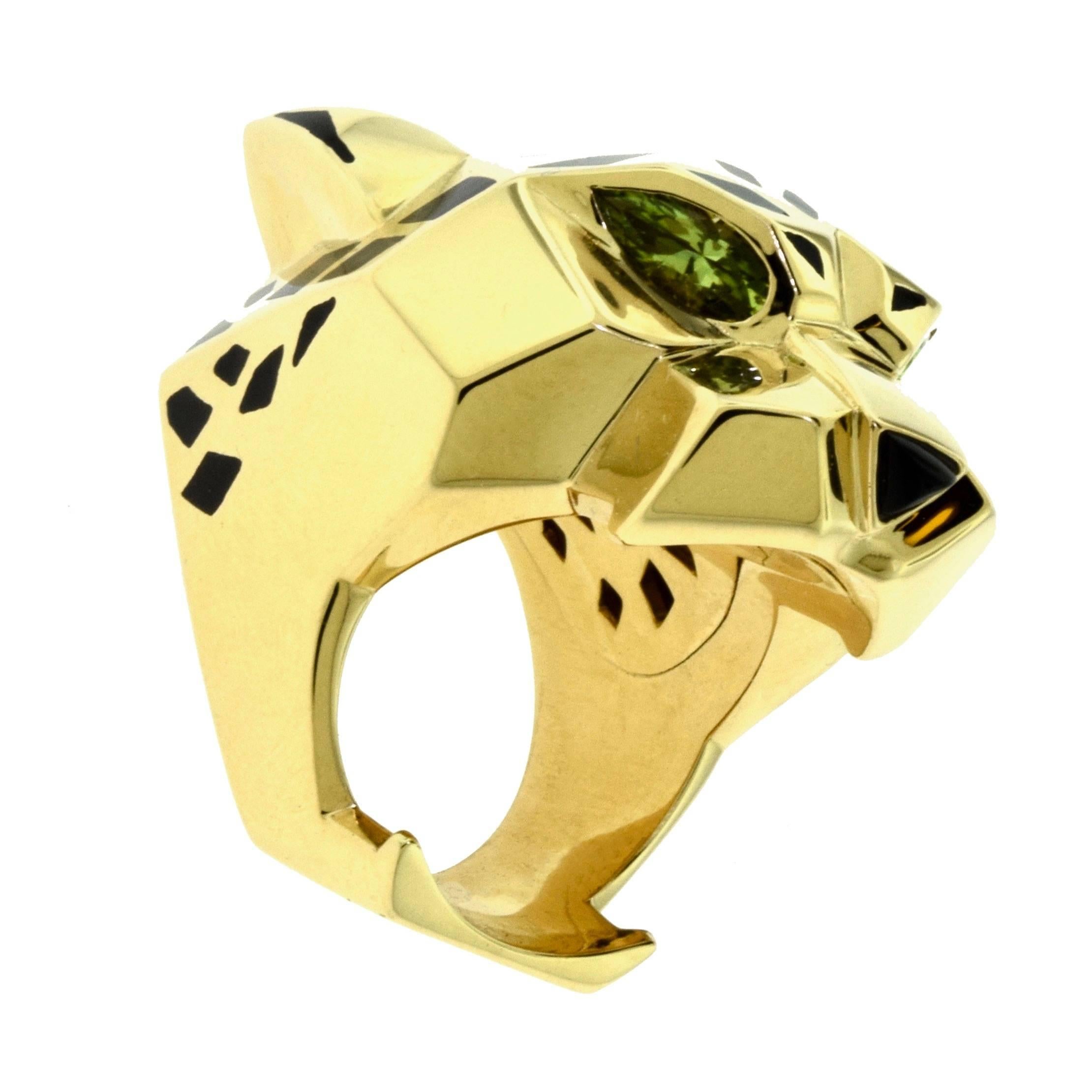 Designer: Cartier
Collection: Panthère de Cartier 
Metal: Yellow Gold
Metal Purity: 18k
Stones: Onyx, Peridot
Non-Metal Material: Lacquer
Total Item Weight (g): 58.3
Ring Size: 8.25 (US) ; 58 (euro)
Hallmark: Cartier 58 Serial No. 750
Collateral: