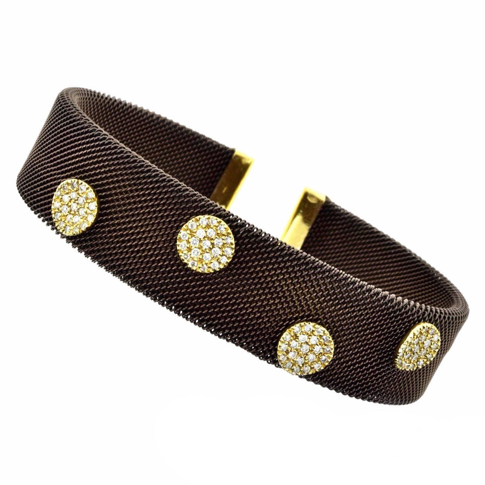 Sabbadini Adjustable Brown Mesh Copper Yellow Gold Diamond Cuff Bracelet For Sale