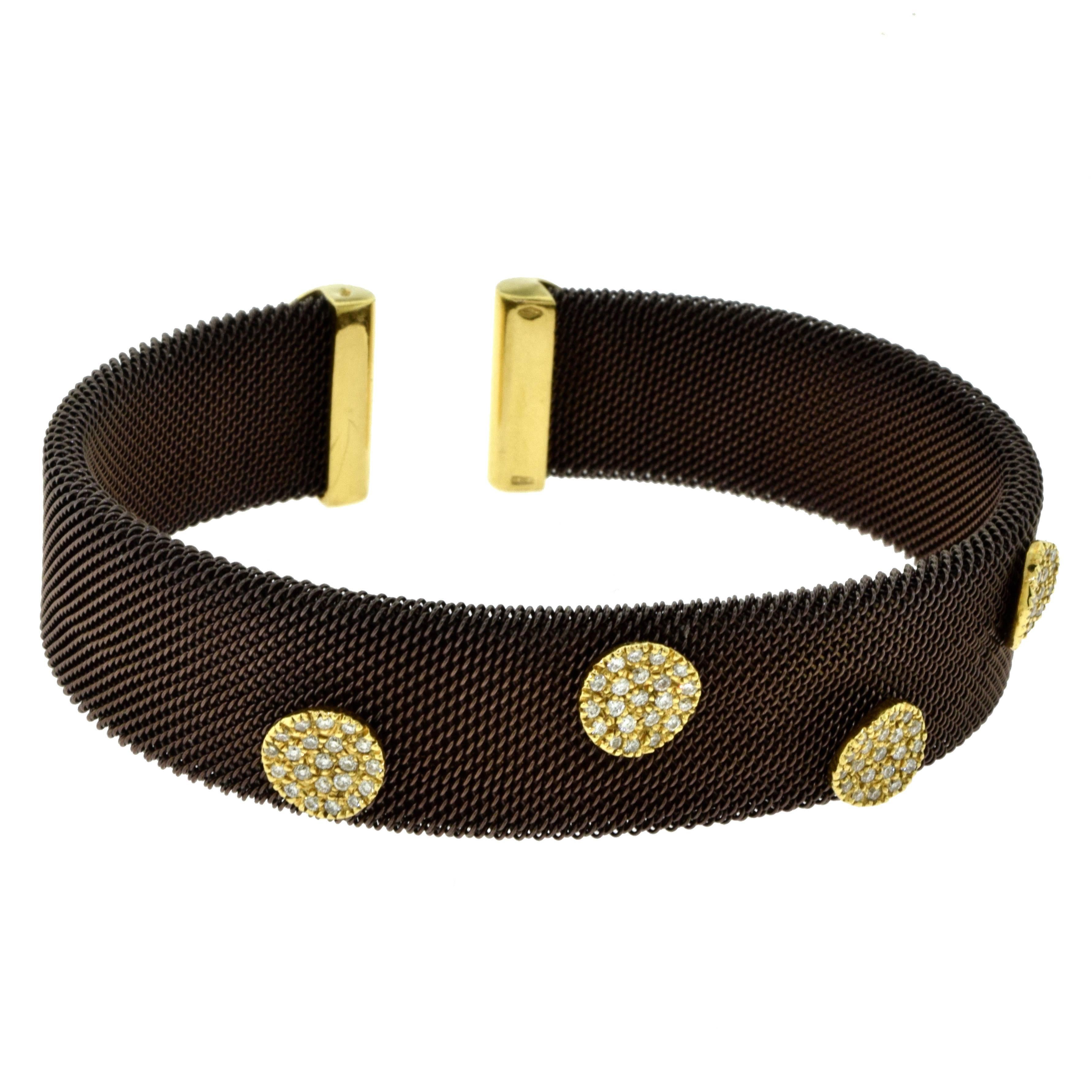 Women's or Men's Sabbadini Adjustable Brown Mesh Copper Yellow Gold Diamond Cuff Bracelet For Sale