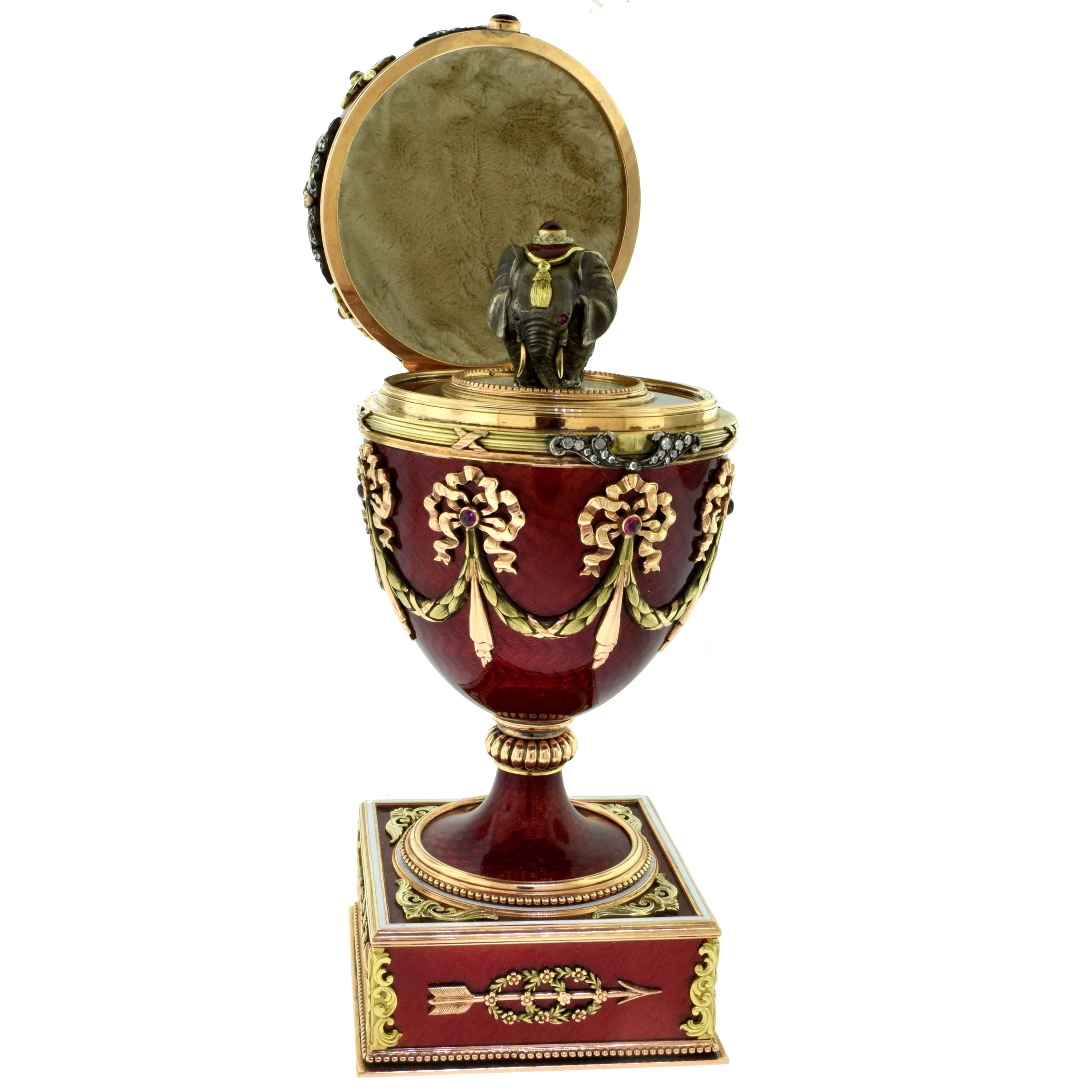 Russian Large Guilloche Gem-Set Egg with Red Enamel, Diamonds and Elephant For Sale
