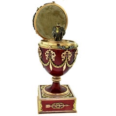 Russian Large Guilloche Gem-Set Egg with Red Enamel, Diamonds and Elephant