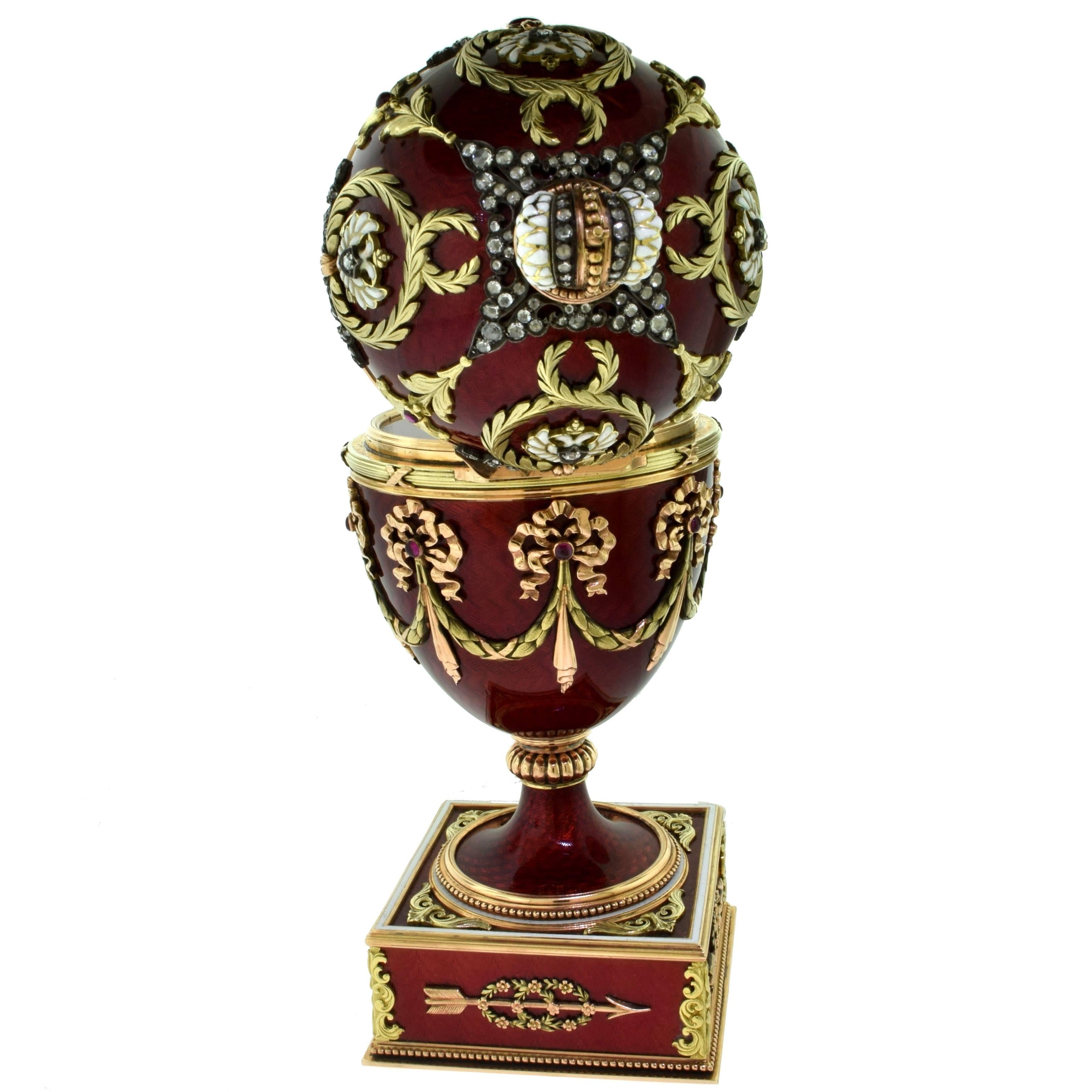 Russian Large Guilloche Gem-Set Egg with Red Enamel, Diamonds and Elephant In Excellent Condition For Sale In Miami, FL