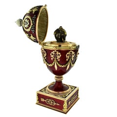 Russian Large Guilloche Gem-Set Egg with Red Enamel, Diamonds and Elephant