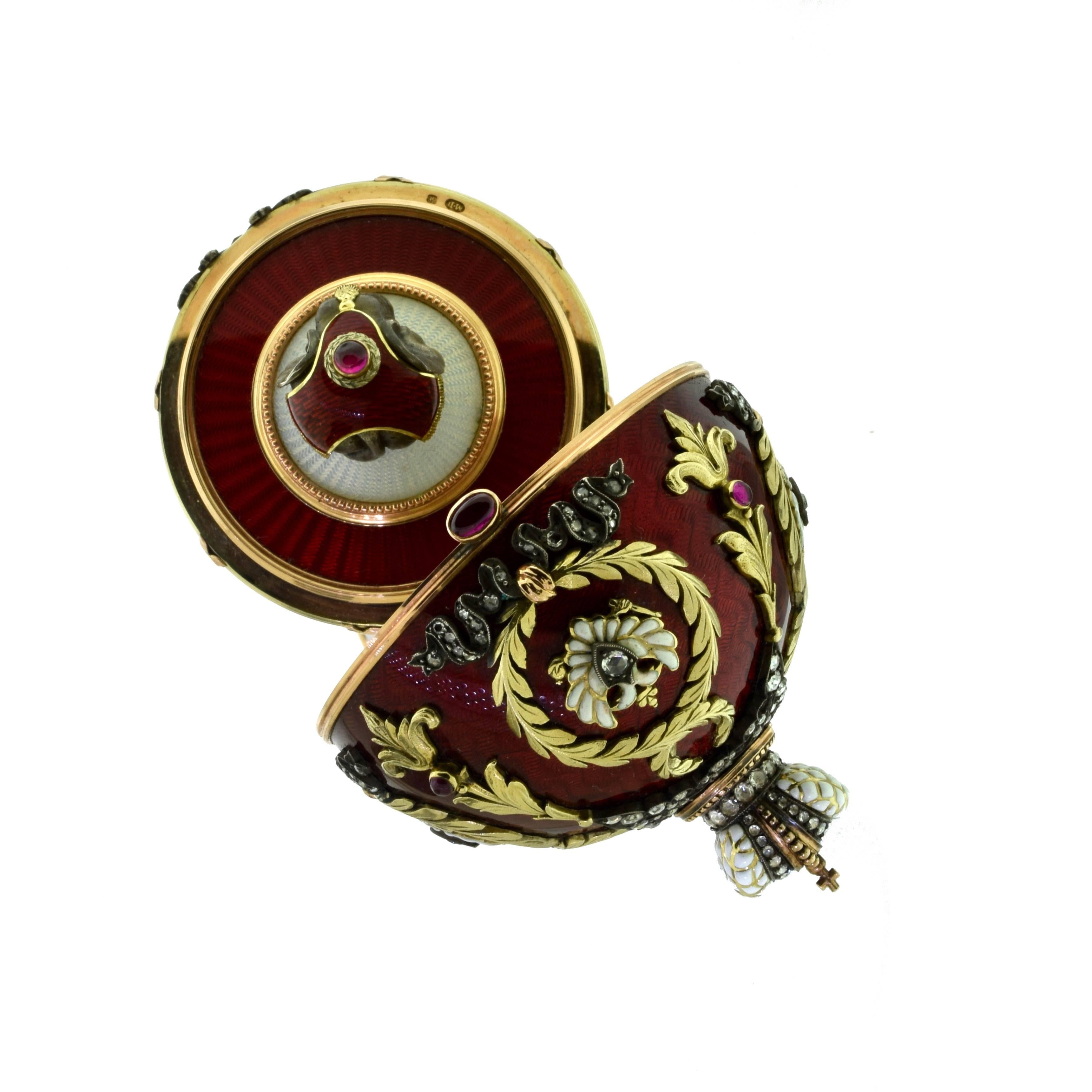 Russian Large Guilloche Gem-Set Egg with Red Enamel, Diamonds and Elephant For Sale 1