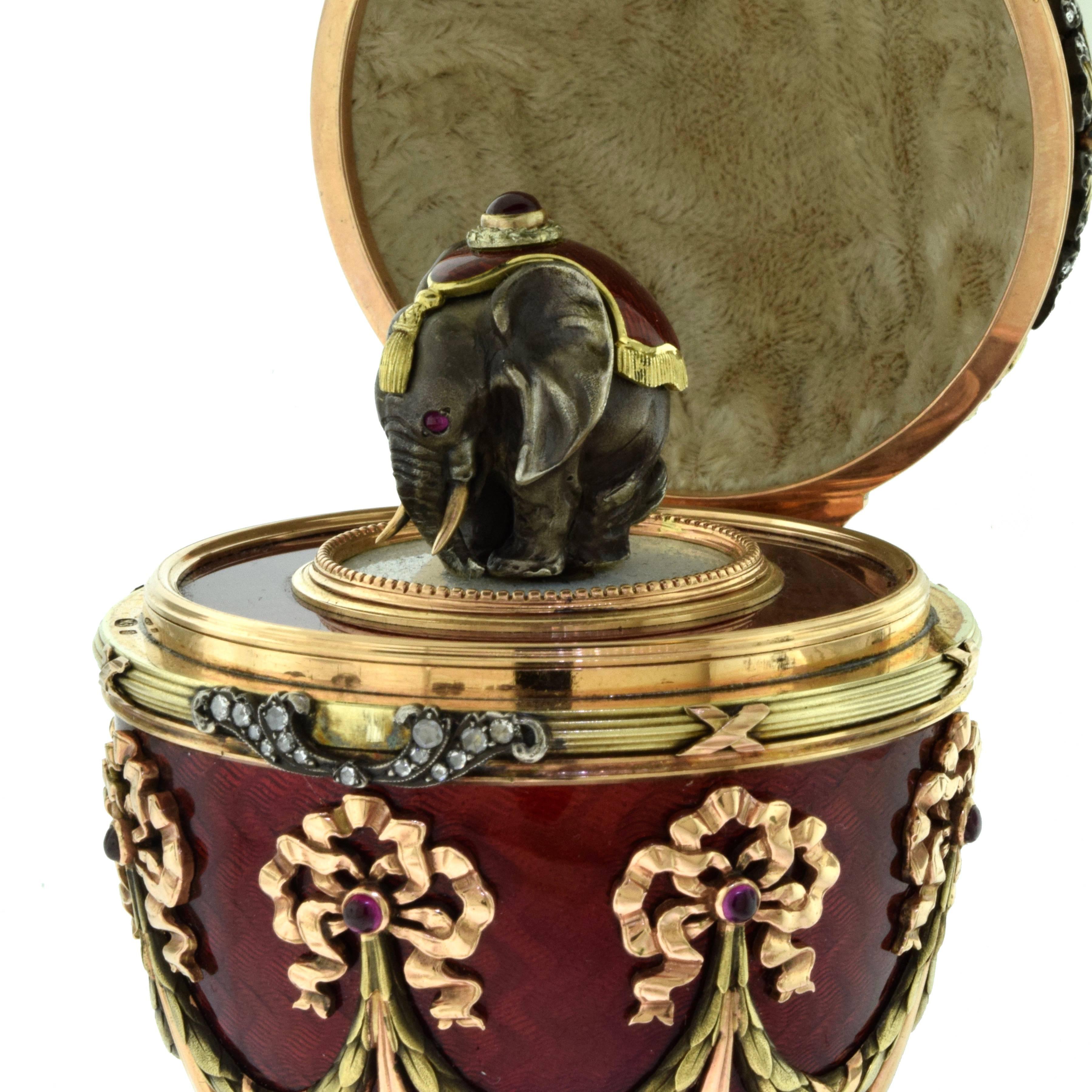 Russian Large Guilloche Gem-Set Egg with Red Enamel, Diamonds and Elephant For Sale 2