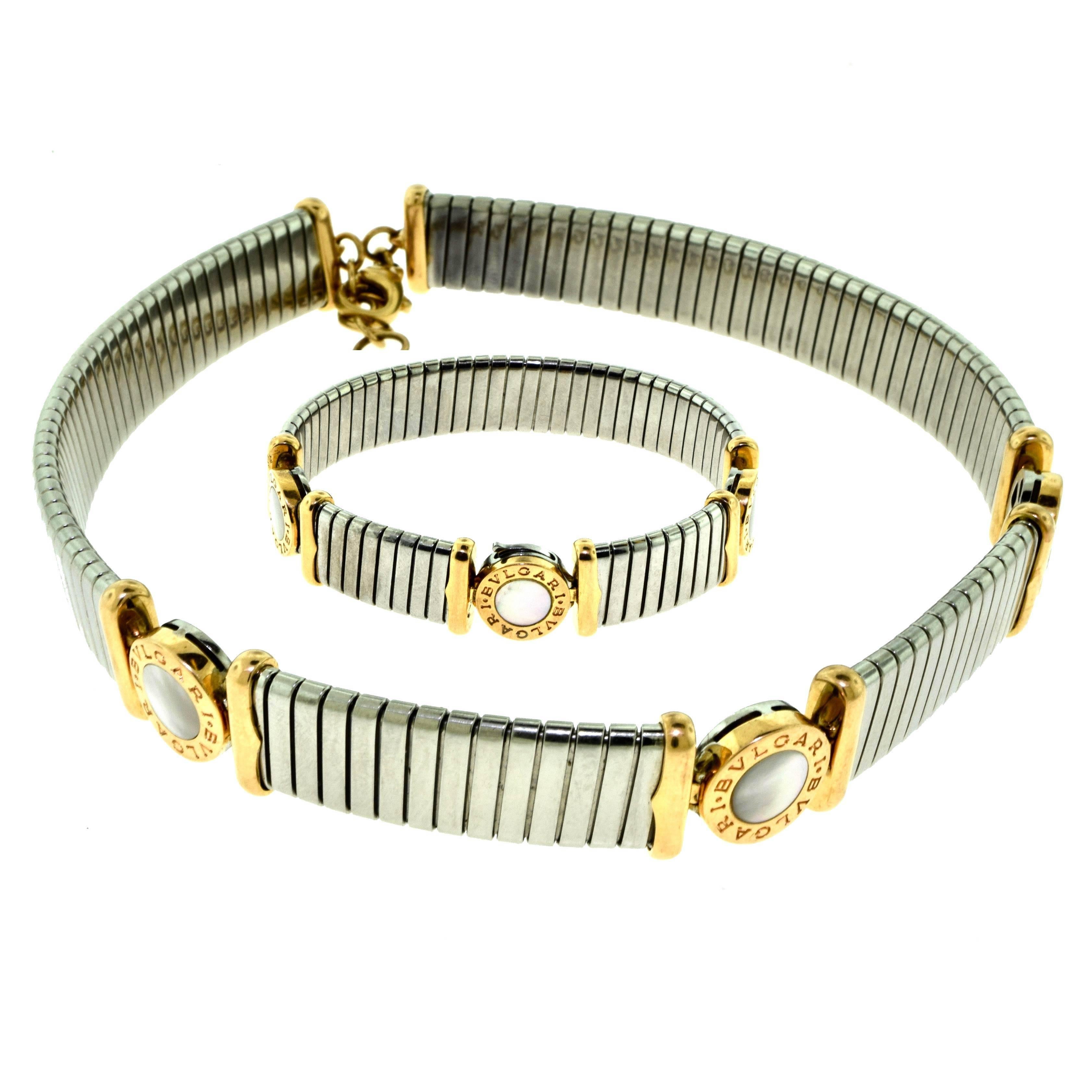 Bvlgari Tubogas Steel, Gold and Mother of Pearl Choker and Bracelet Set For Sale