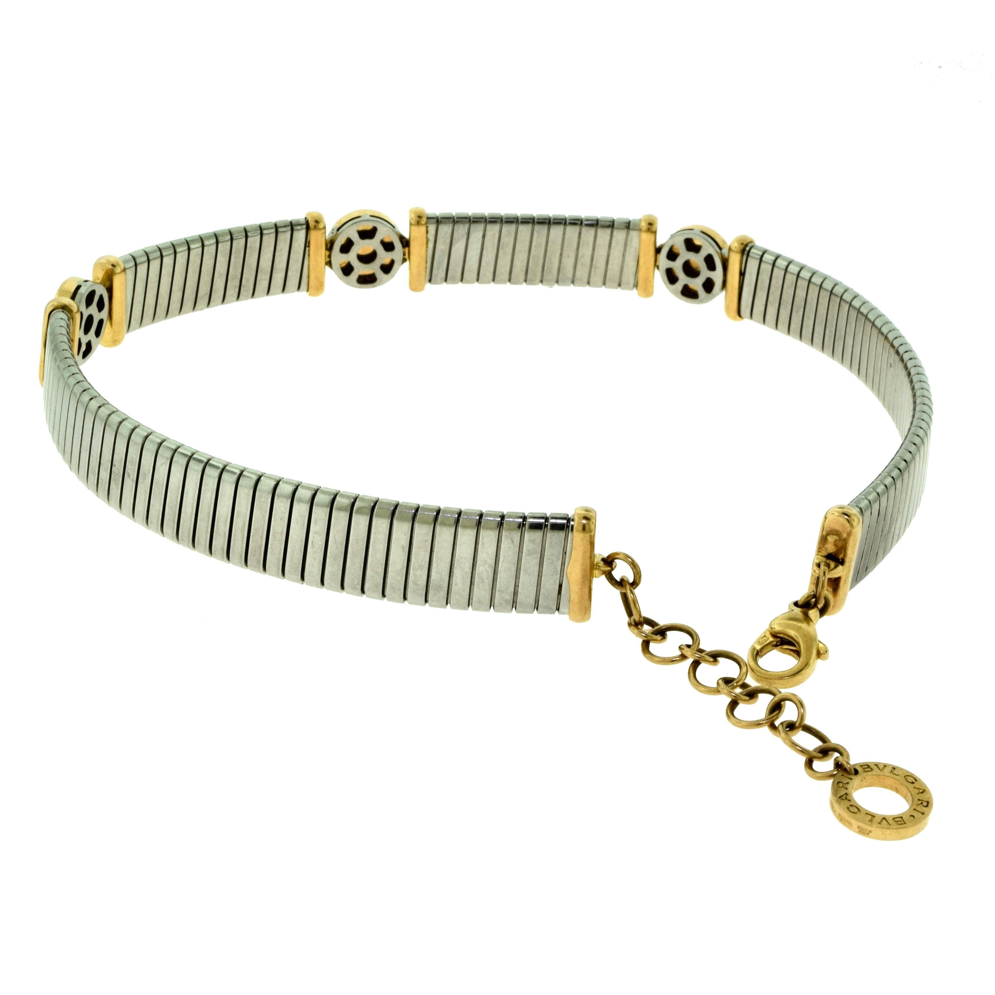 Bvlgari Tubogas Steel, Gold and Mother of Pearl Choker and Bracelet Set In Excellent Condition For Sale In Miami, FL