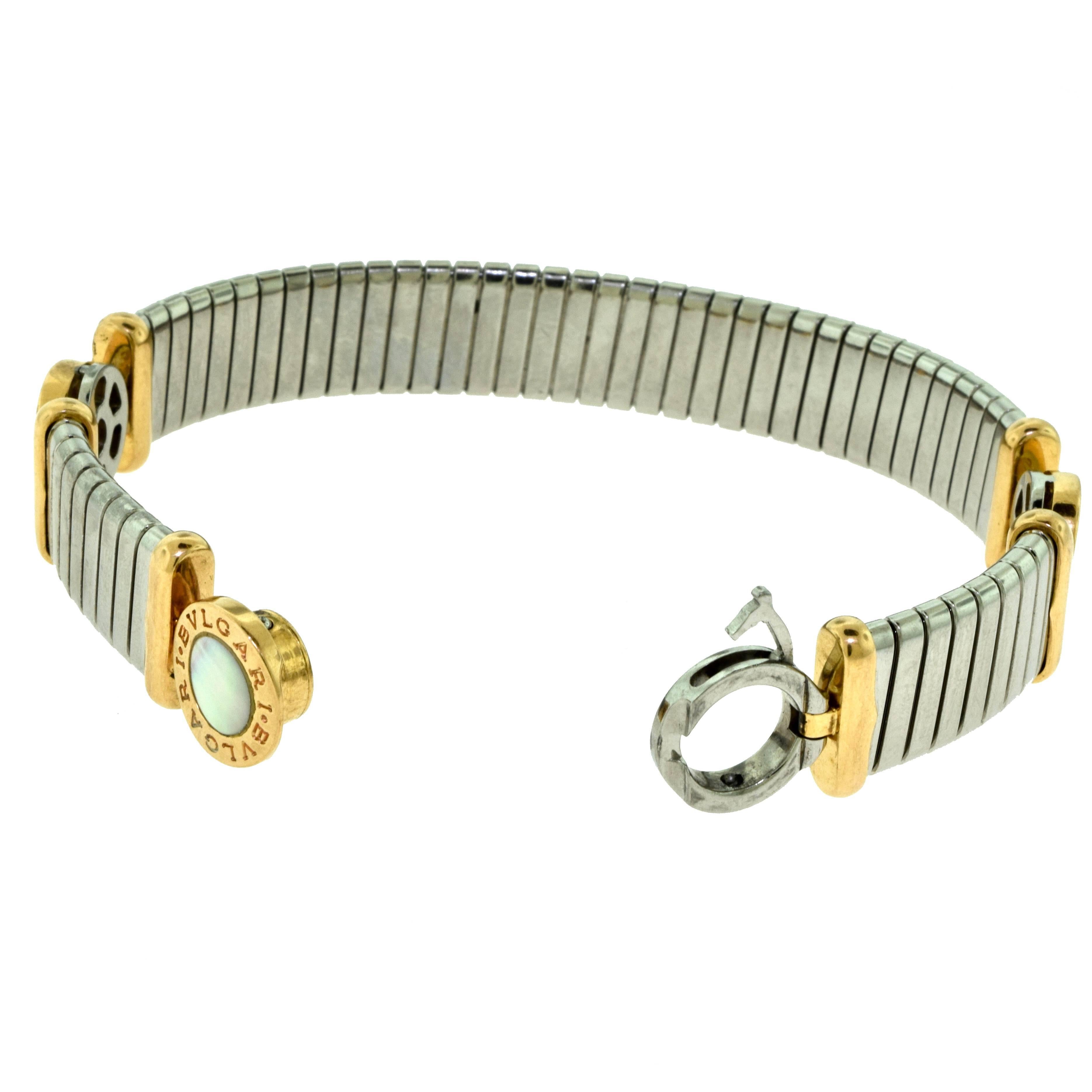 Women's or Men's Bvlgari Tubogas Steel, Gold and Mother of Pearl Choker and Bracelet Set For Sale