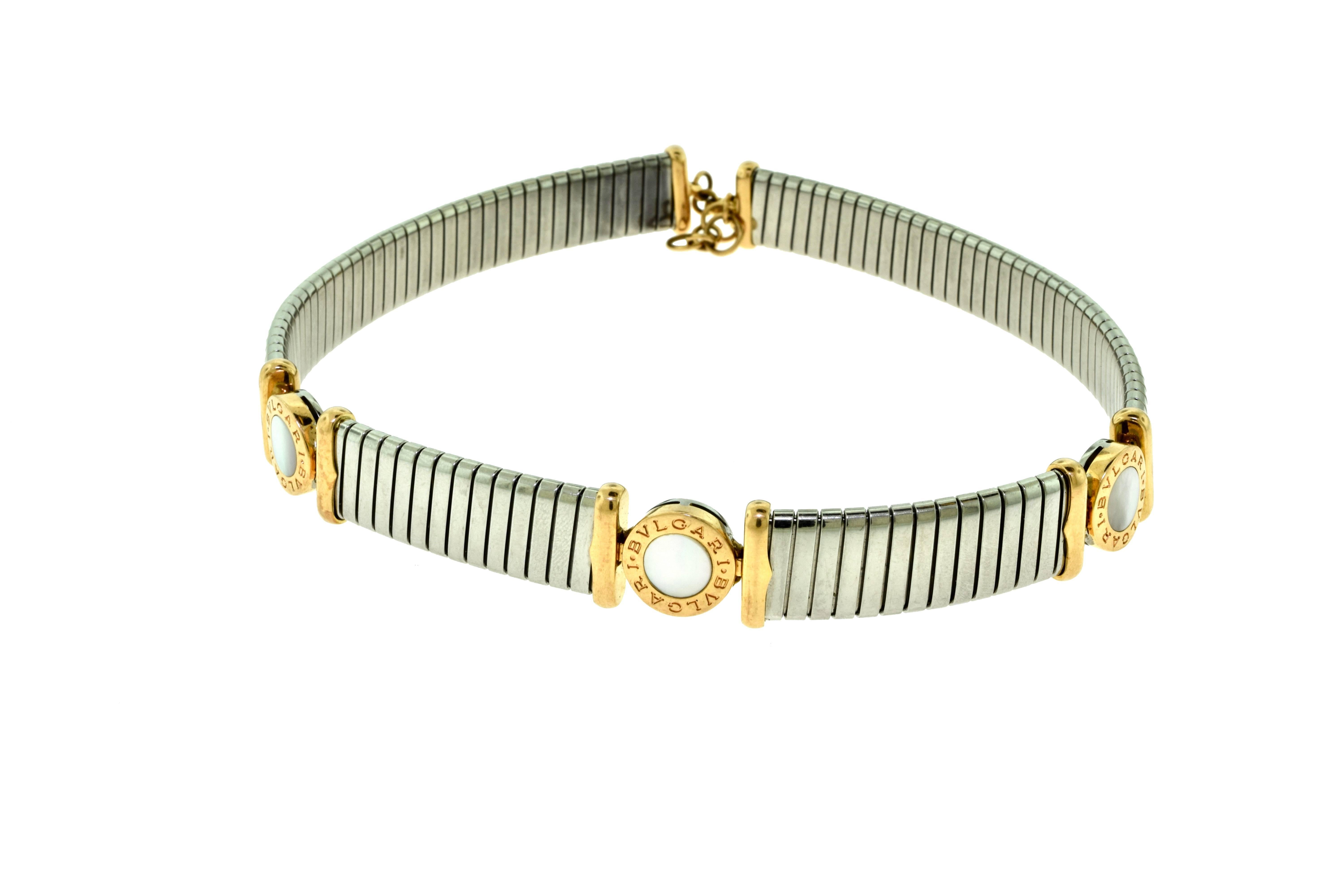 Bvlgari Tubogas Steel, Gold and Mother of Pearl Choker and Bracelet Set For Sale 1