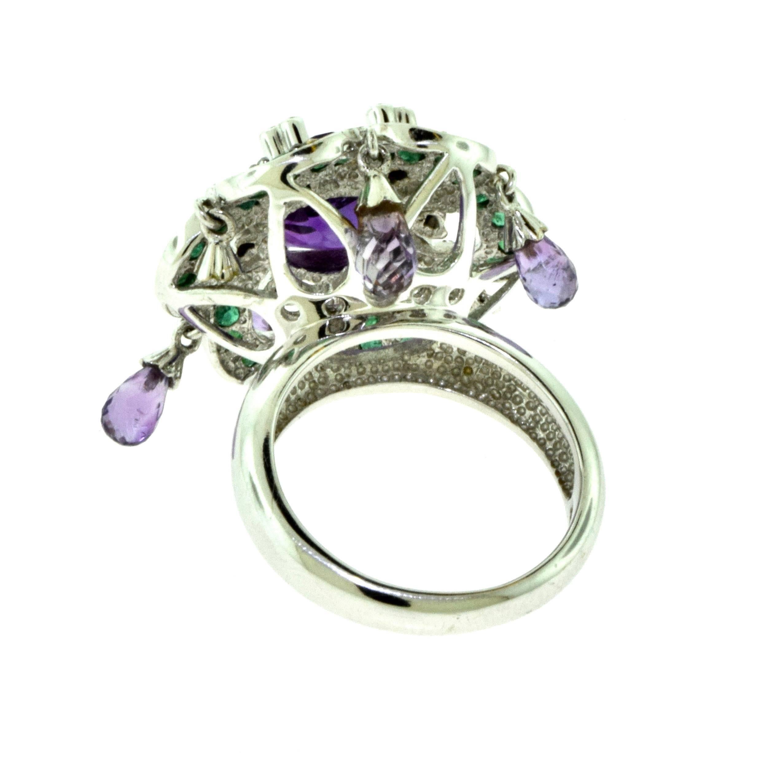 Amethyst, Emerald and Diamond Jingle Dangle Ring in 18 Karat White Gold In Excellent Condition For Sale In Miami, FL