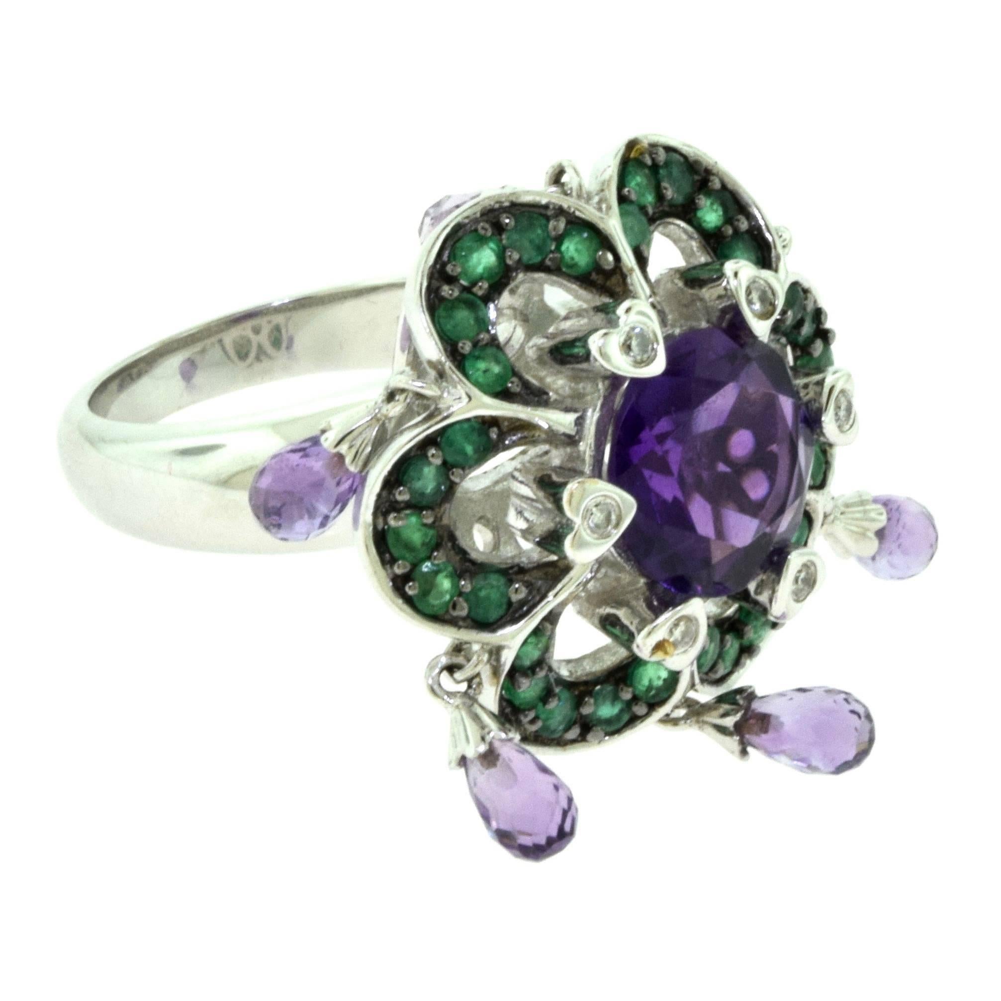 Women's or Men's Amethyst, Emerald and Diamond Jingle Dangle Ring in 18 Karat White Gold For Sale