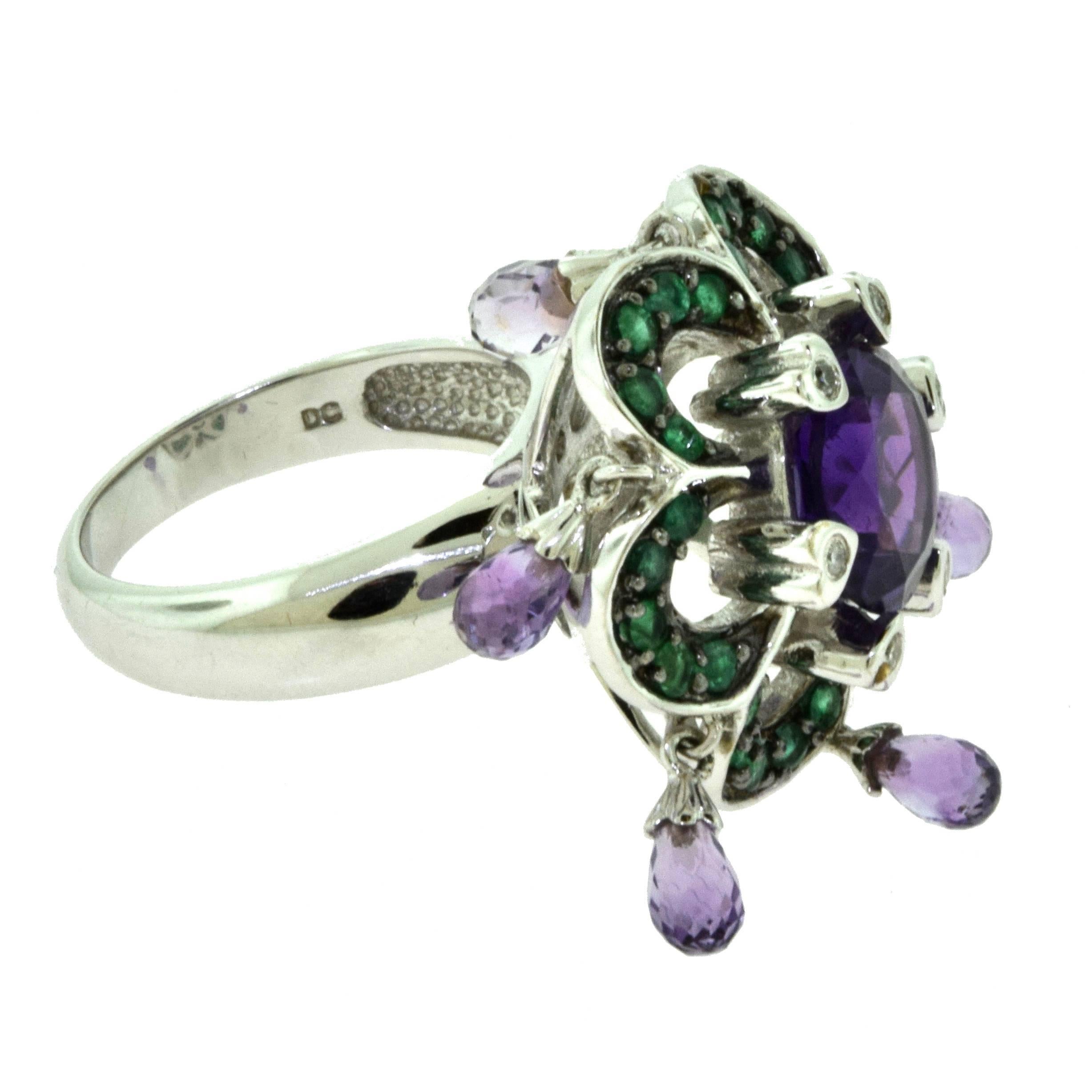Amethyst, Emerald and Diamond Jingle Dangle Ring in 18 Karat White Gold For Sale 1