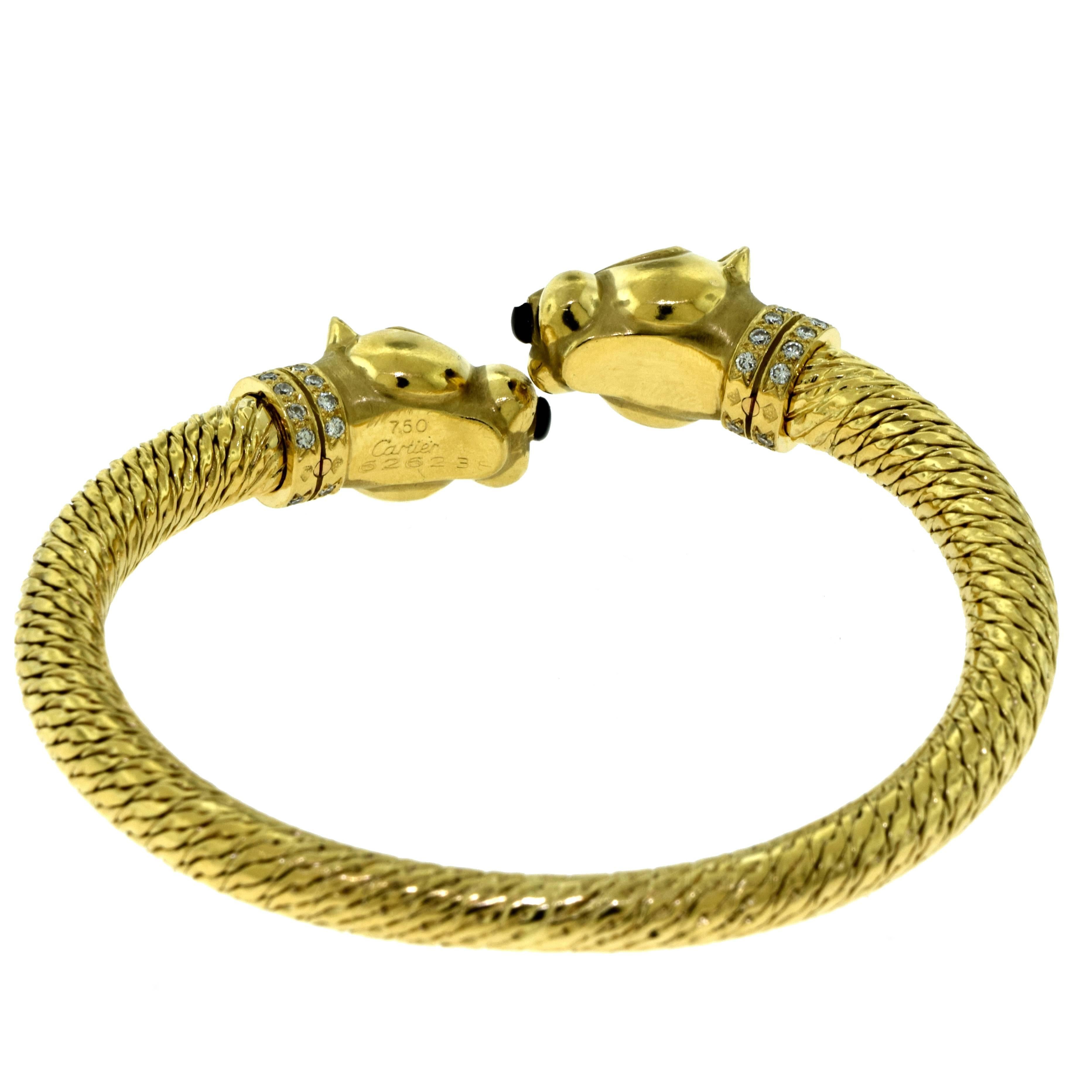Women's or Men's Cartier Panthère De Cartier Double Head Yellow Gold Diamond Onyx Bracelet For Sale