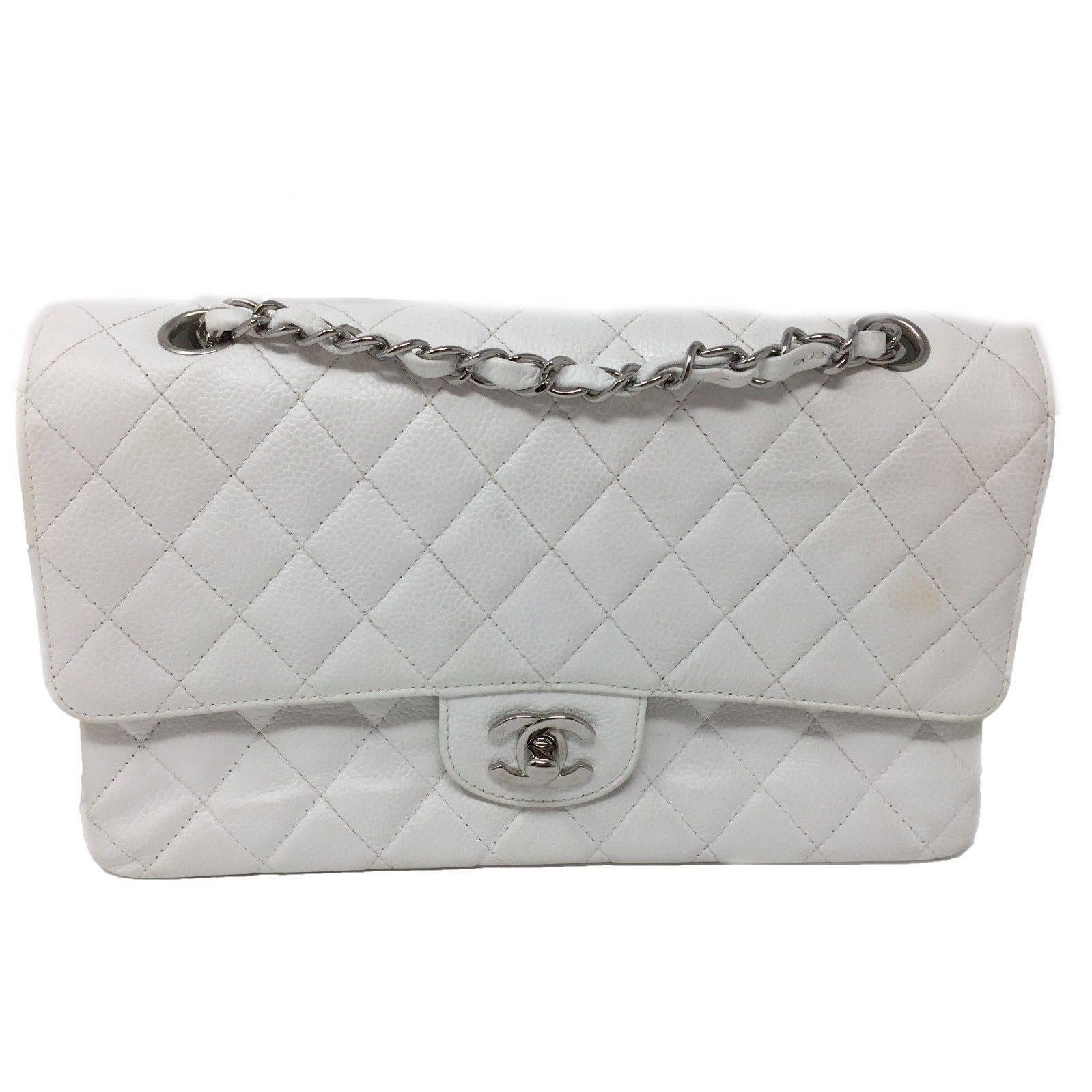 Women's or Men's Chanel Classic Double Flap Bag Caviar White Quilted Leather Medium For Sale