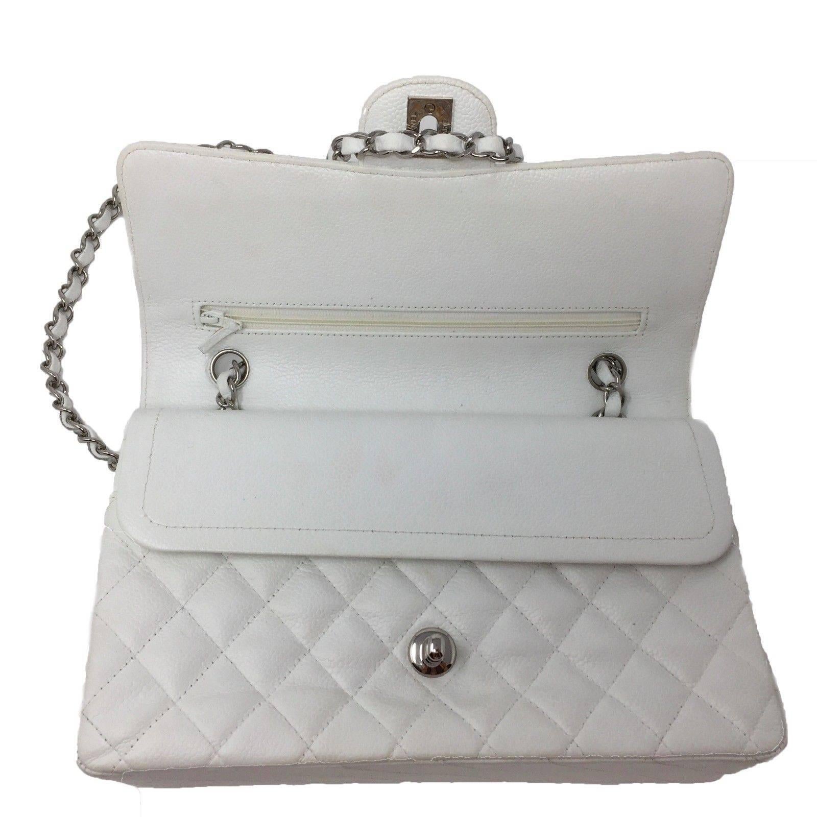 Chanel Classic Double Flap Bag Caviar White Quilted Leather Medium For Sale 1