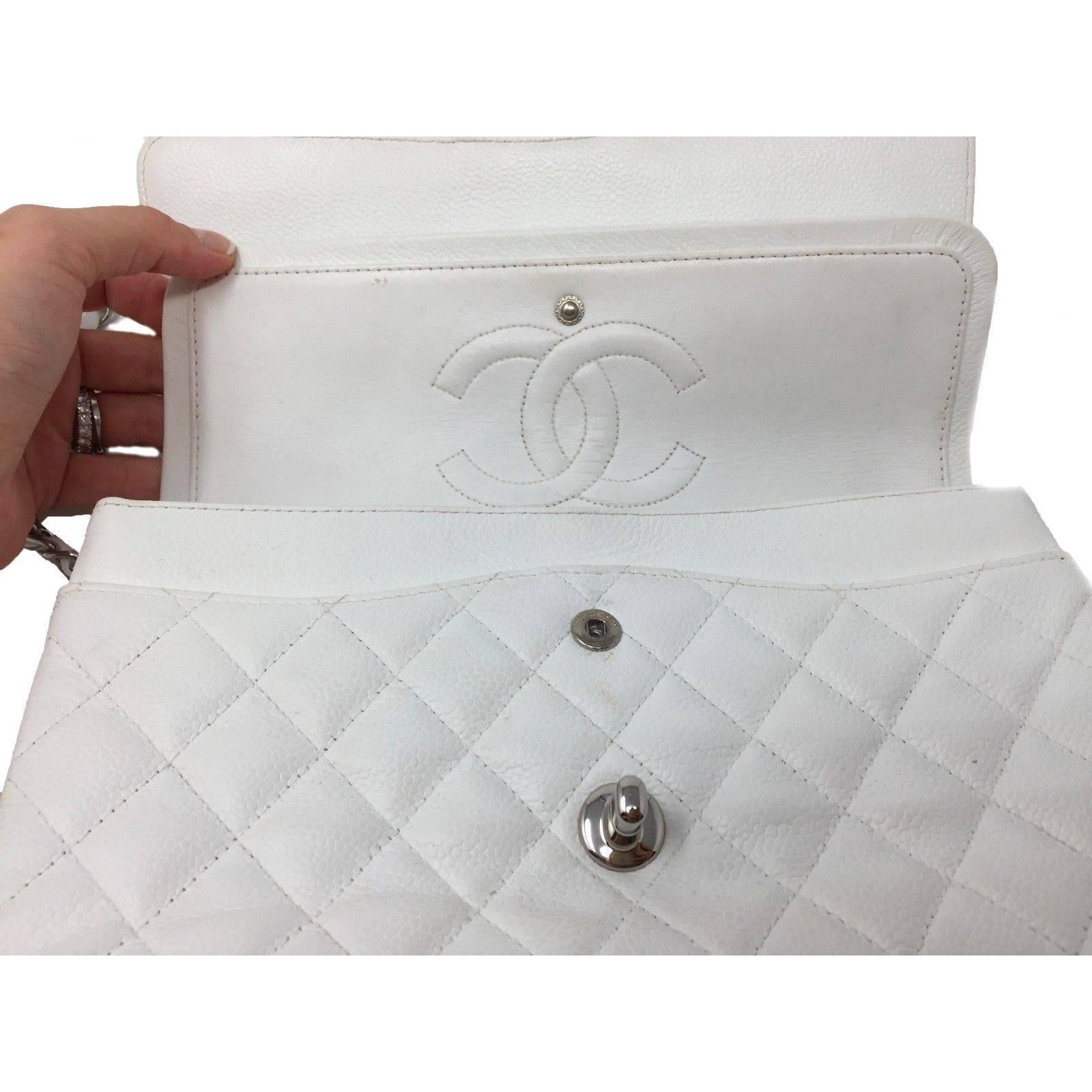 Chanel Classic Double Flap Bag Caviar White Quilted Leather Medium For Sale 3
