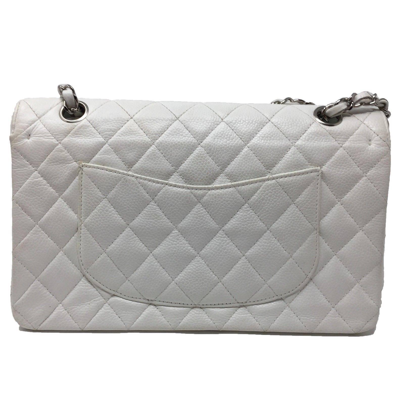 Chanel Classic Double Flap Bag Caviar White Quilted Leather Medium For Sale 5