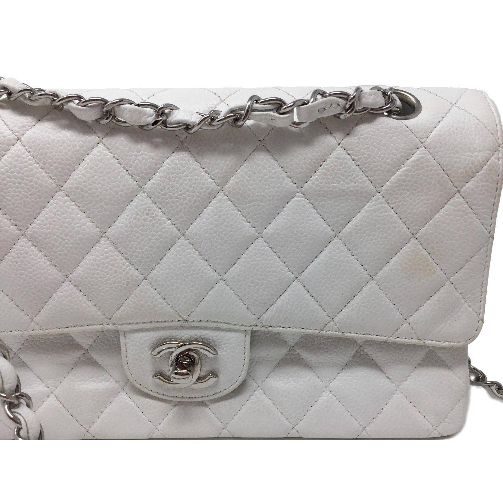 Chanel Classic Double Flap Bag Caviar White Quilted Leather Medium For Sale 6