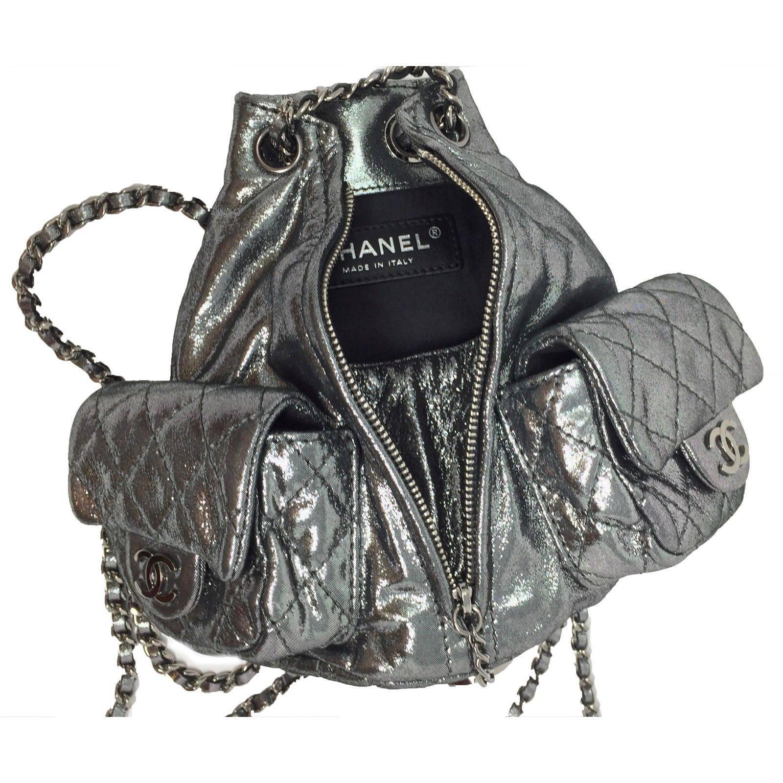 Chanel Mini Anthracite Silver Metallic Platinum Backpack For Sale